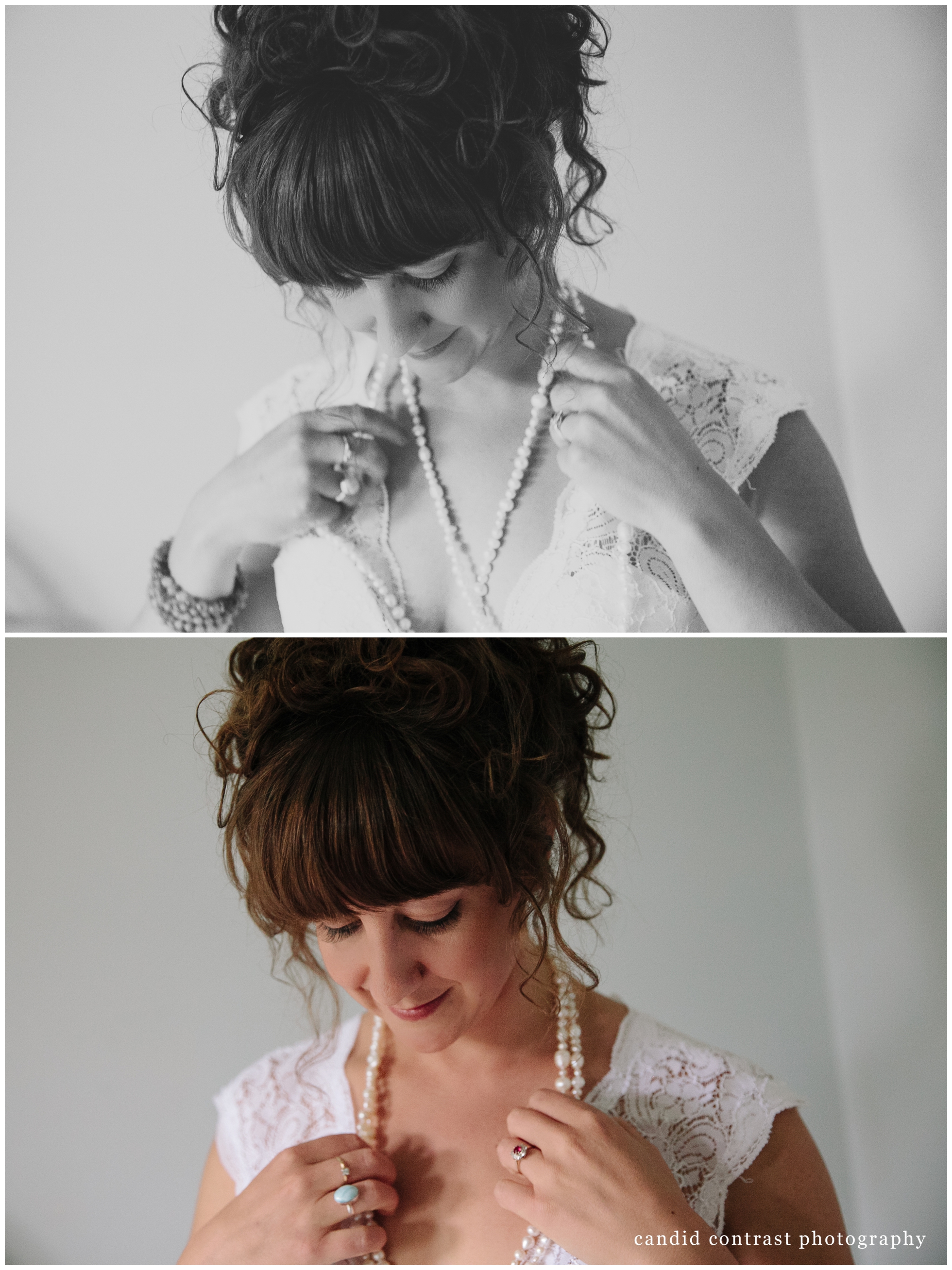 bride getting ready at backyard wedding in dubuque, ia, candid contrast photography