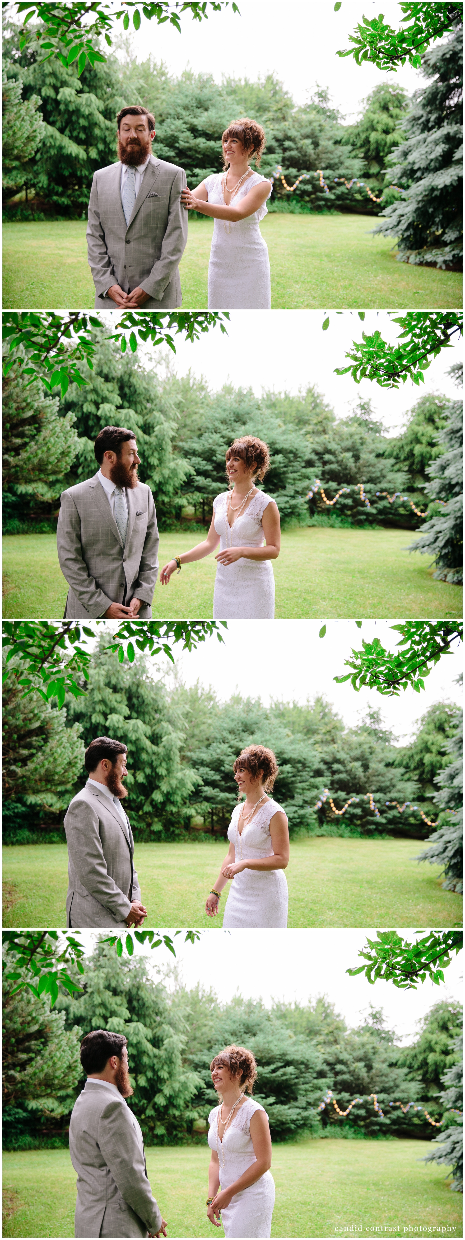 first look at backyard wedding in dubuque, ia, candid contrast photography