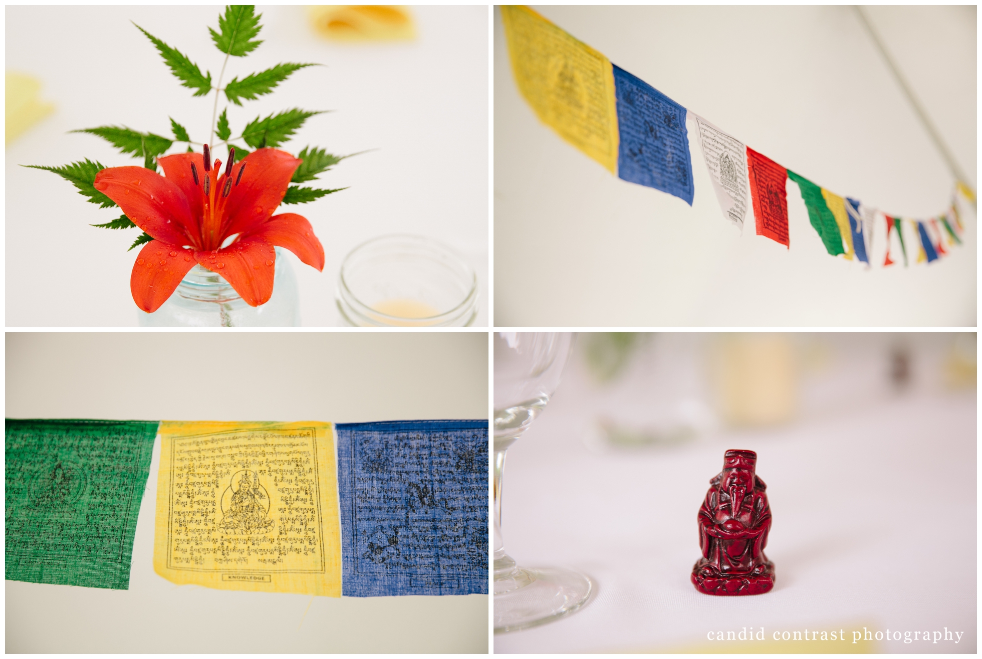 tent reception details at backyard wedding in dubuque, ia, budda & prayer flags, candid contrast photography