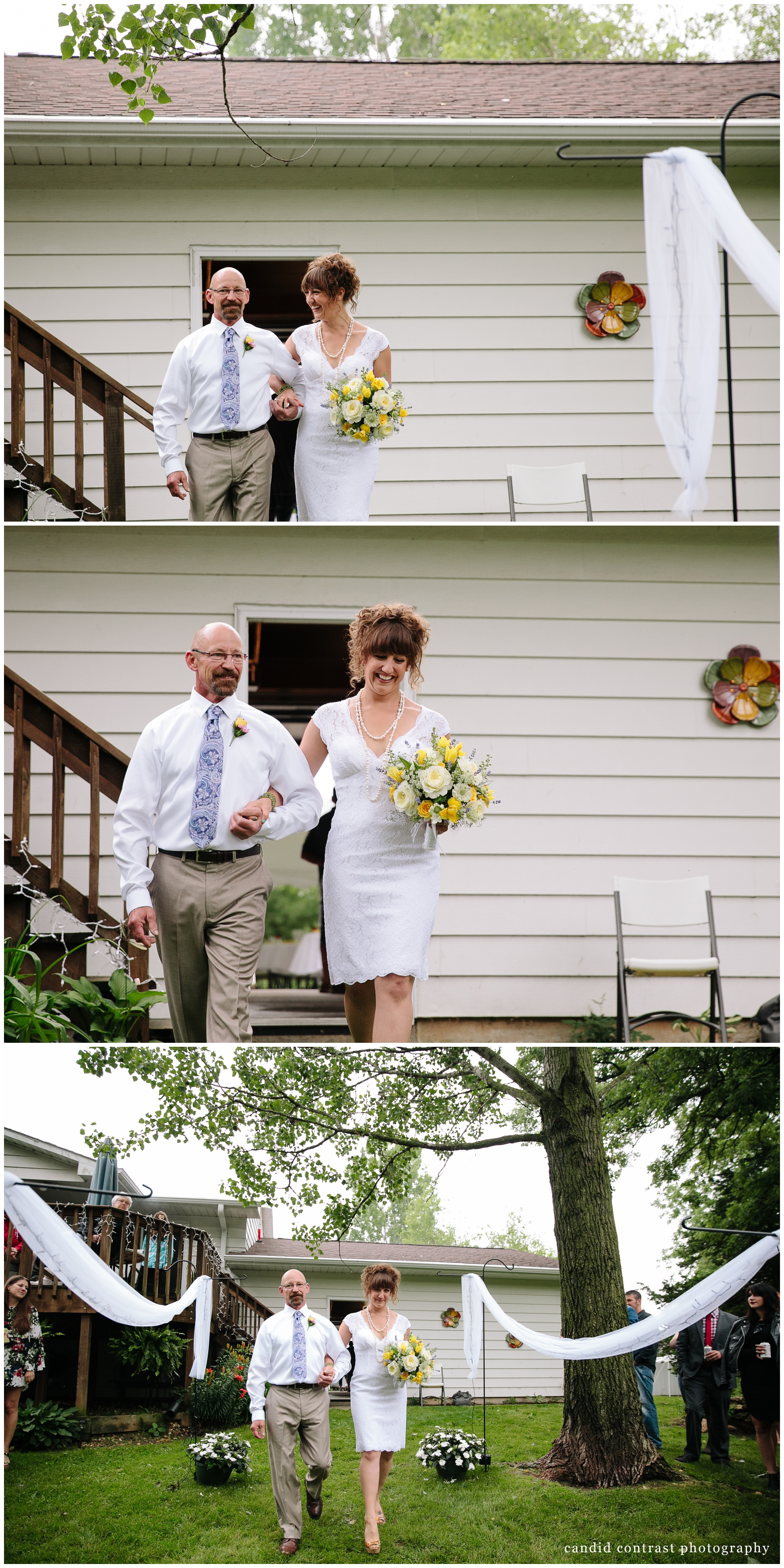 dad walking bride down the aisle at backyard wedding in dubuque, ia, candid contrast photography