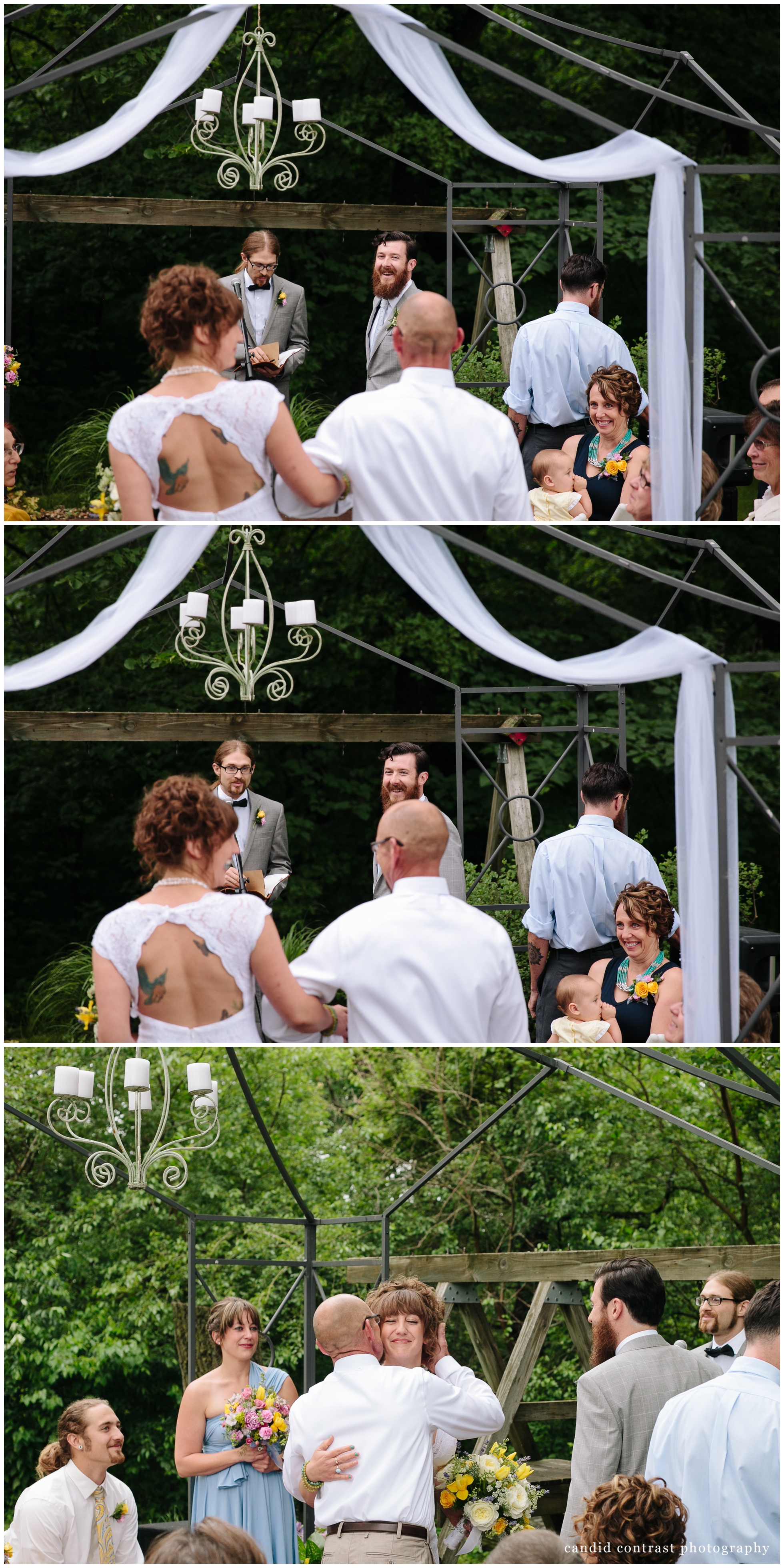 groom seeing his bride at backyard wedding in dubuque, ia, candid contrast photography