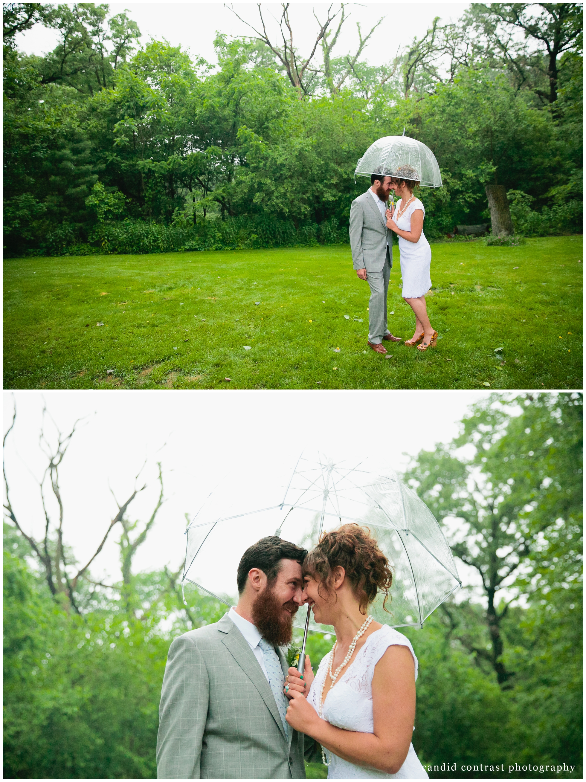 wedding photos in the rain at backyard wedding in dubuque, ia, candid contrast photography