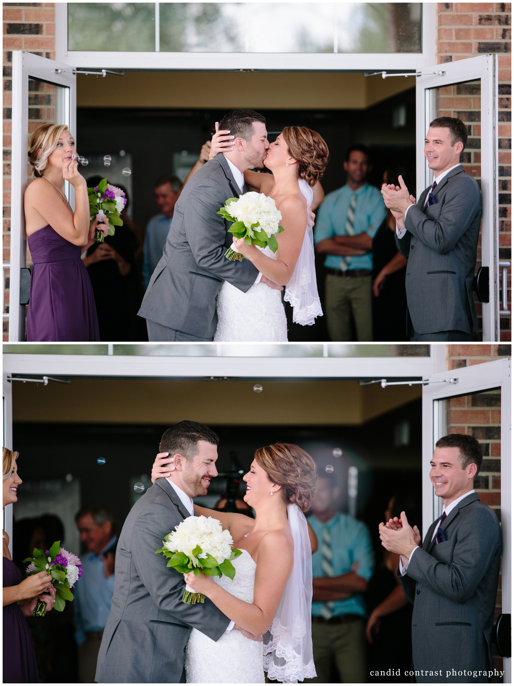 dubuque ia wedding exit with bubbles at hope church , candid contrast photography 