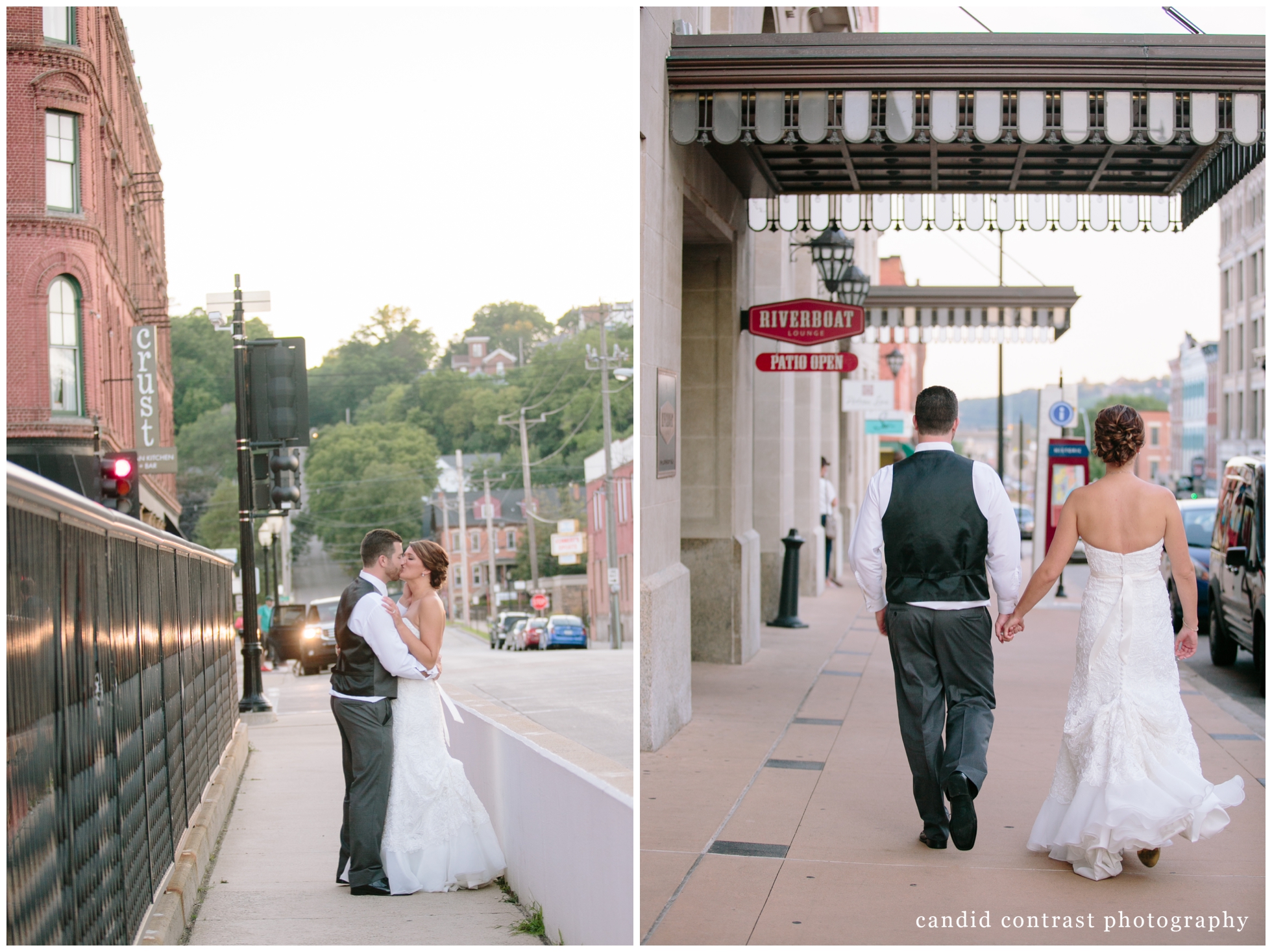 bride and groom sunset portraits at dubuque ia wedding reception at the hotel julien , candid contrast photography 