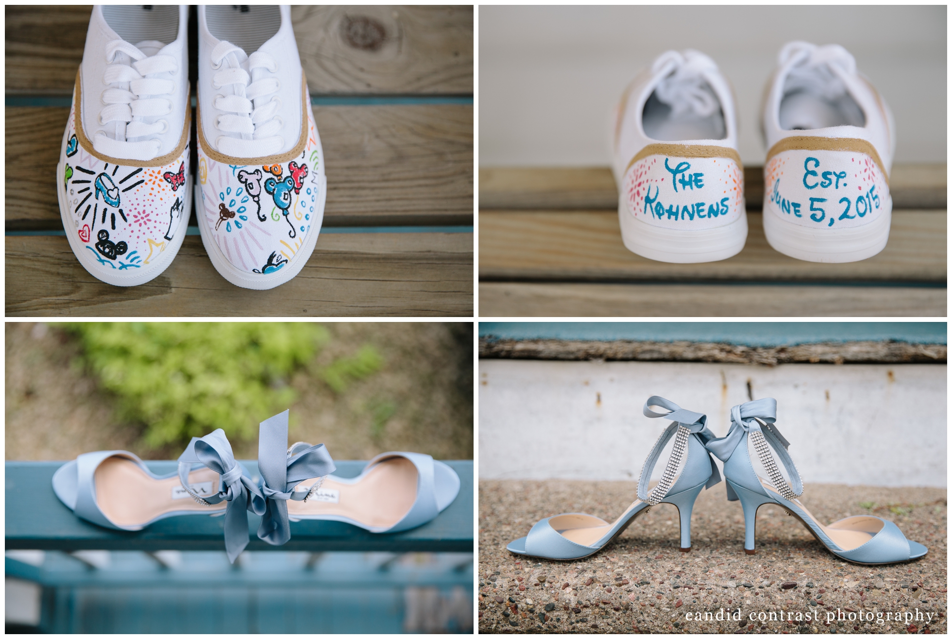 custom wedding shoes, something blue heels at dubuque, ia wedding, candid contrast photography