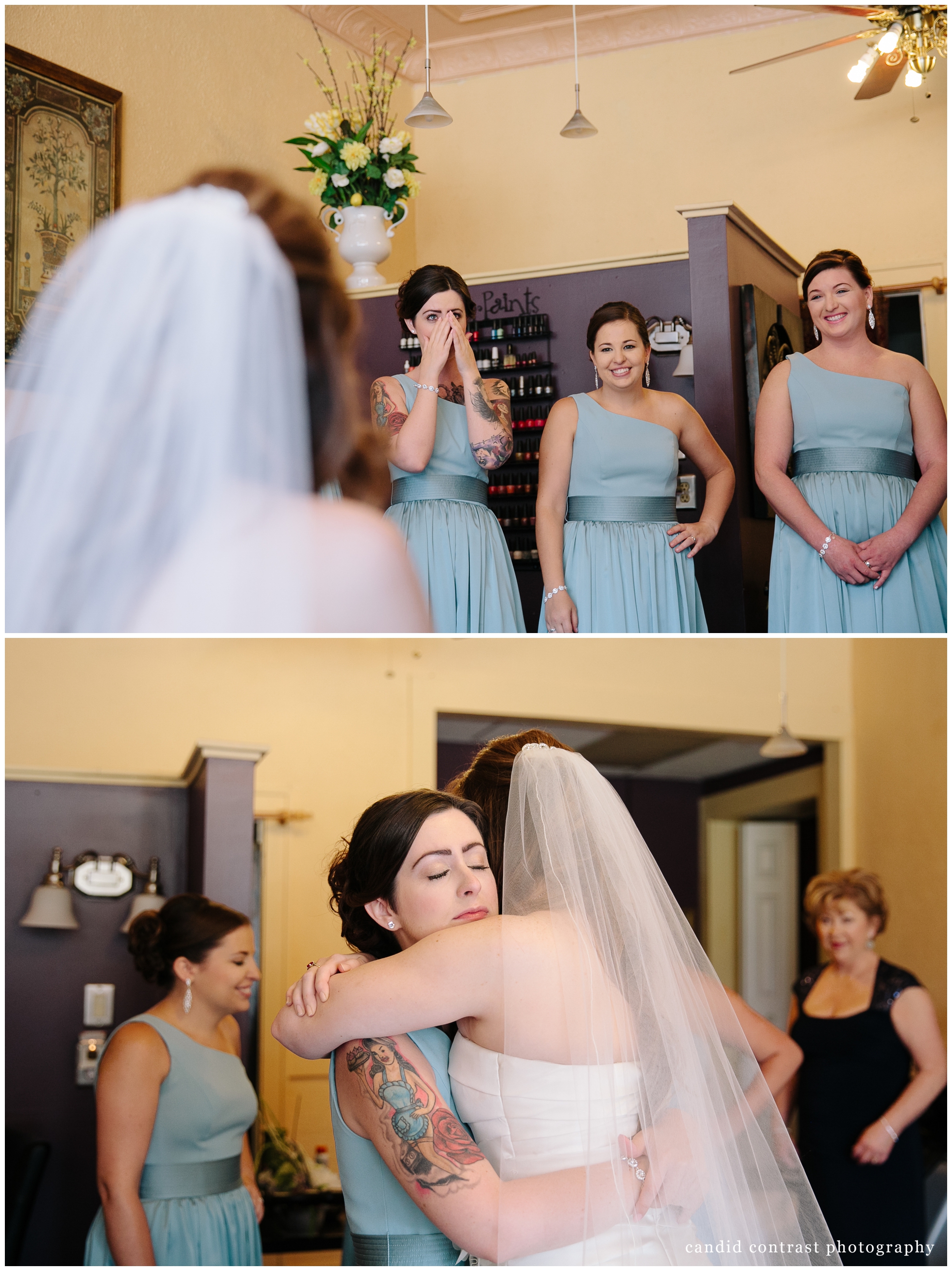 bride getting ready in indulgence salon and spa at dubuque, ia wedding, candid contrast photography