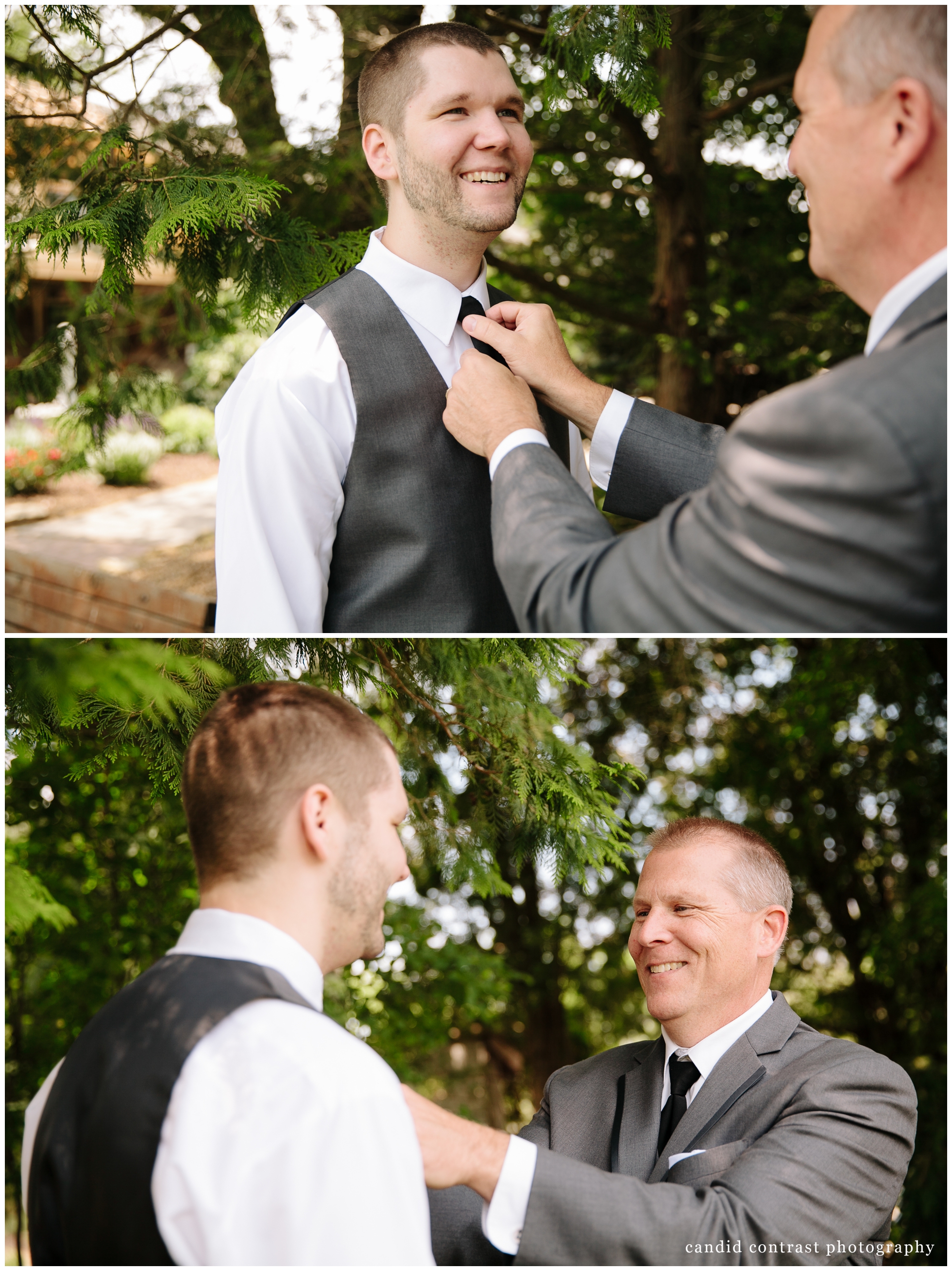 groom getting ready at dubuque arboretum at dubuque, ia wedding, candid contrast photography