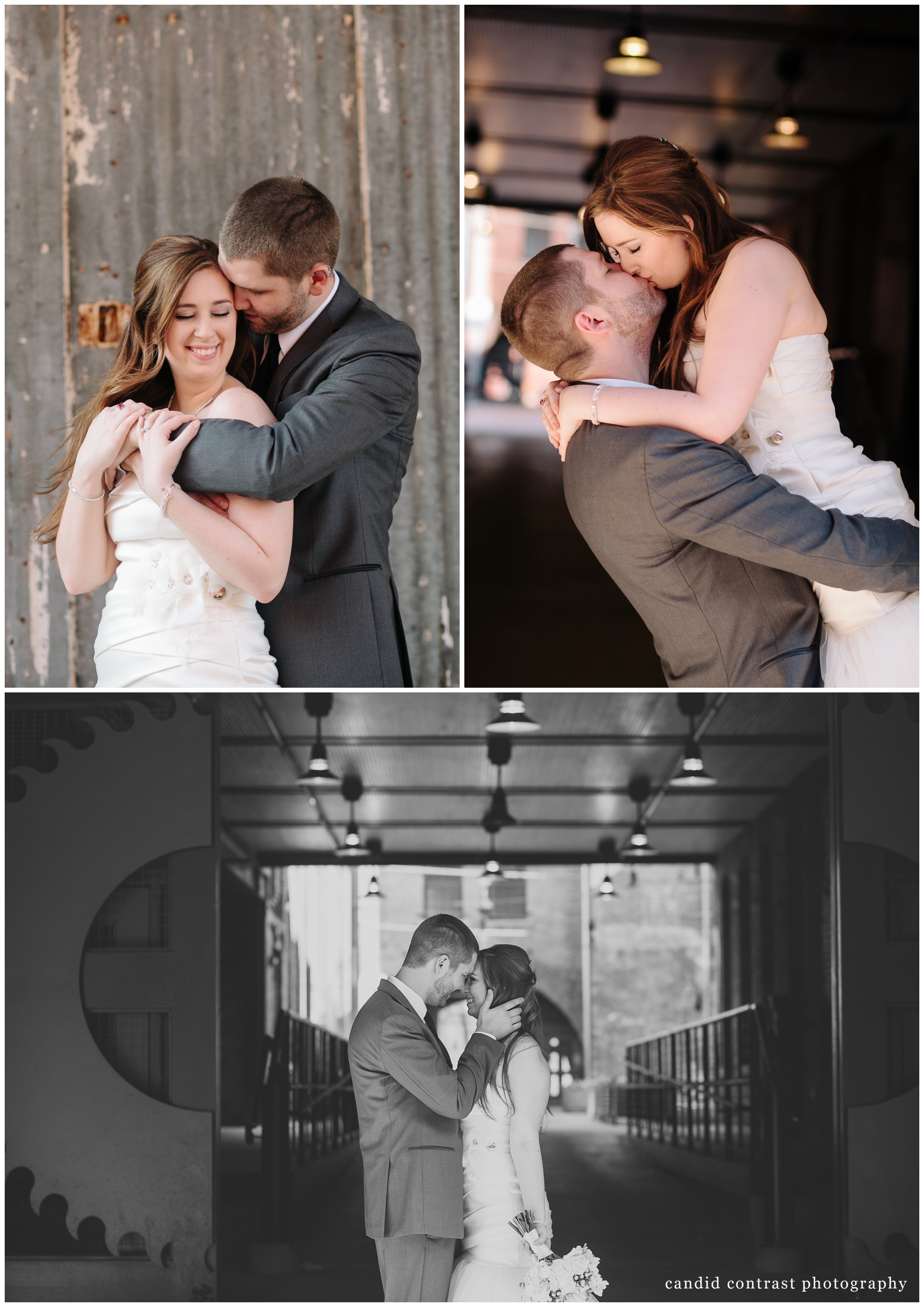 bride and groom in millwork district at dubuque arboretum at dubuque, ia wedding, candid contrast photography