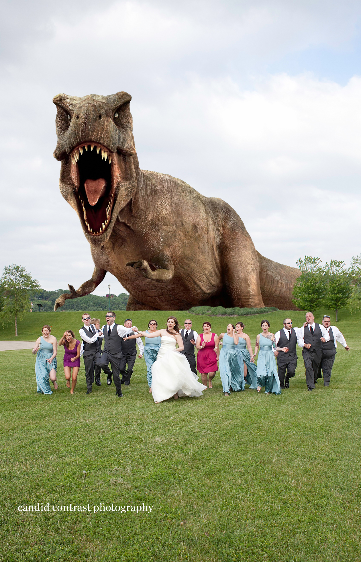 funny wedding party photo, dinosaur chasing wedding party, candid contrast photography, dubuque ia wedding