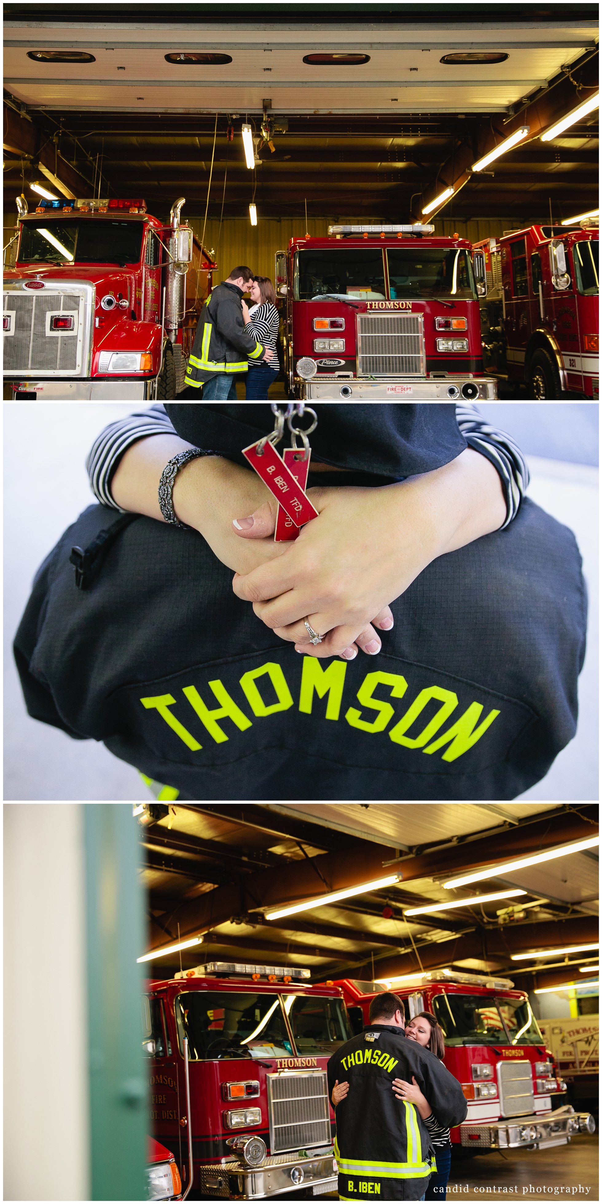 Illinois firefighter engagement photos, candid contrast photography, firetruck engagement photos