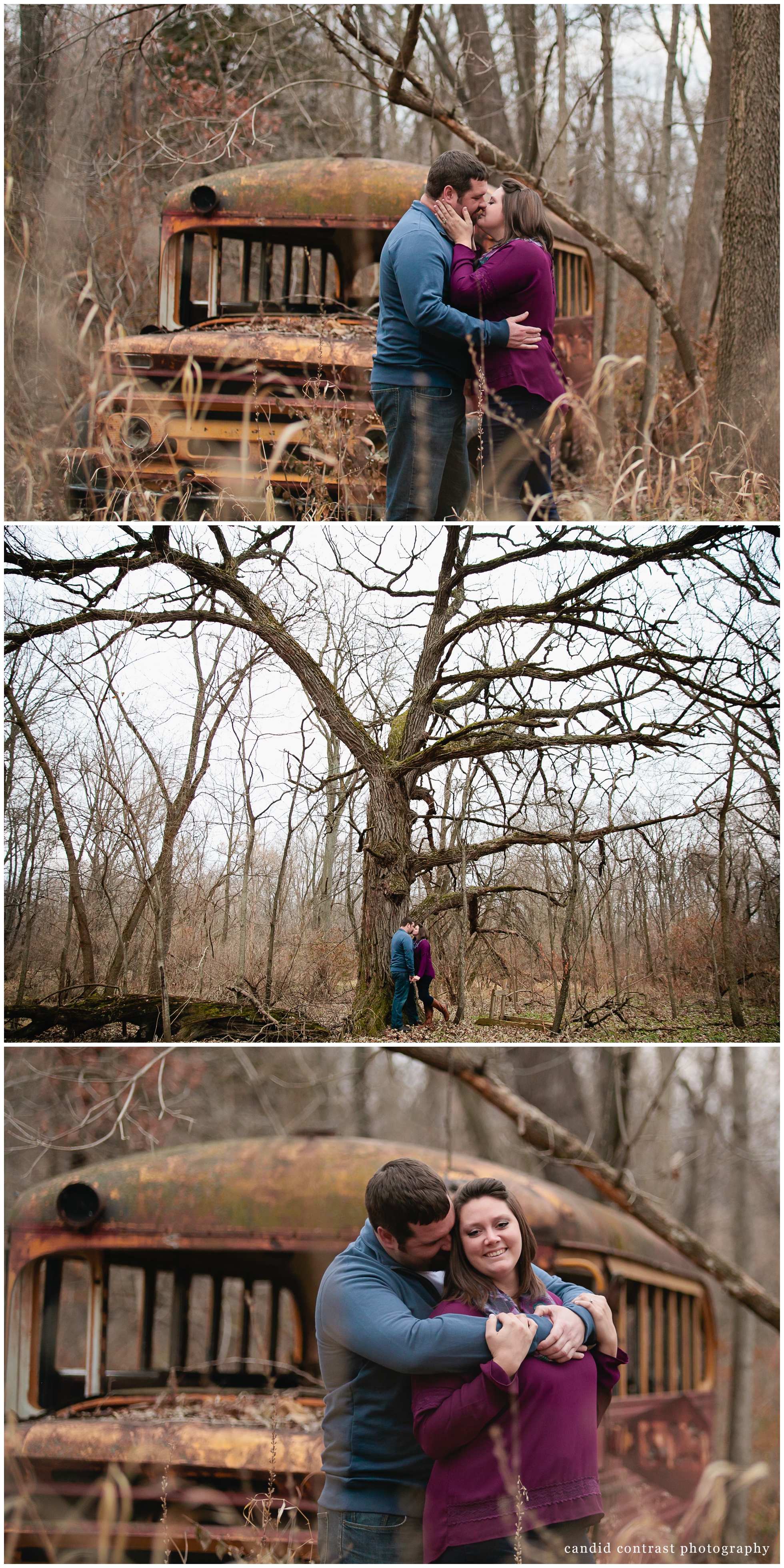 Illinois teacher engagement photos, candid contrast photography, school bus engagement photos