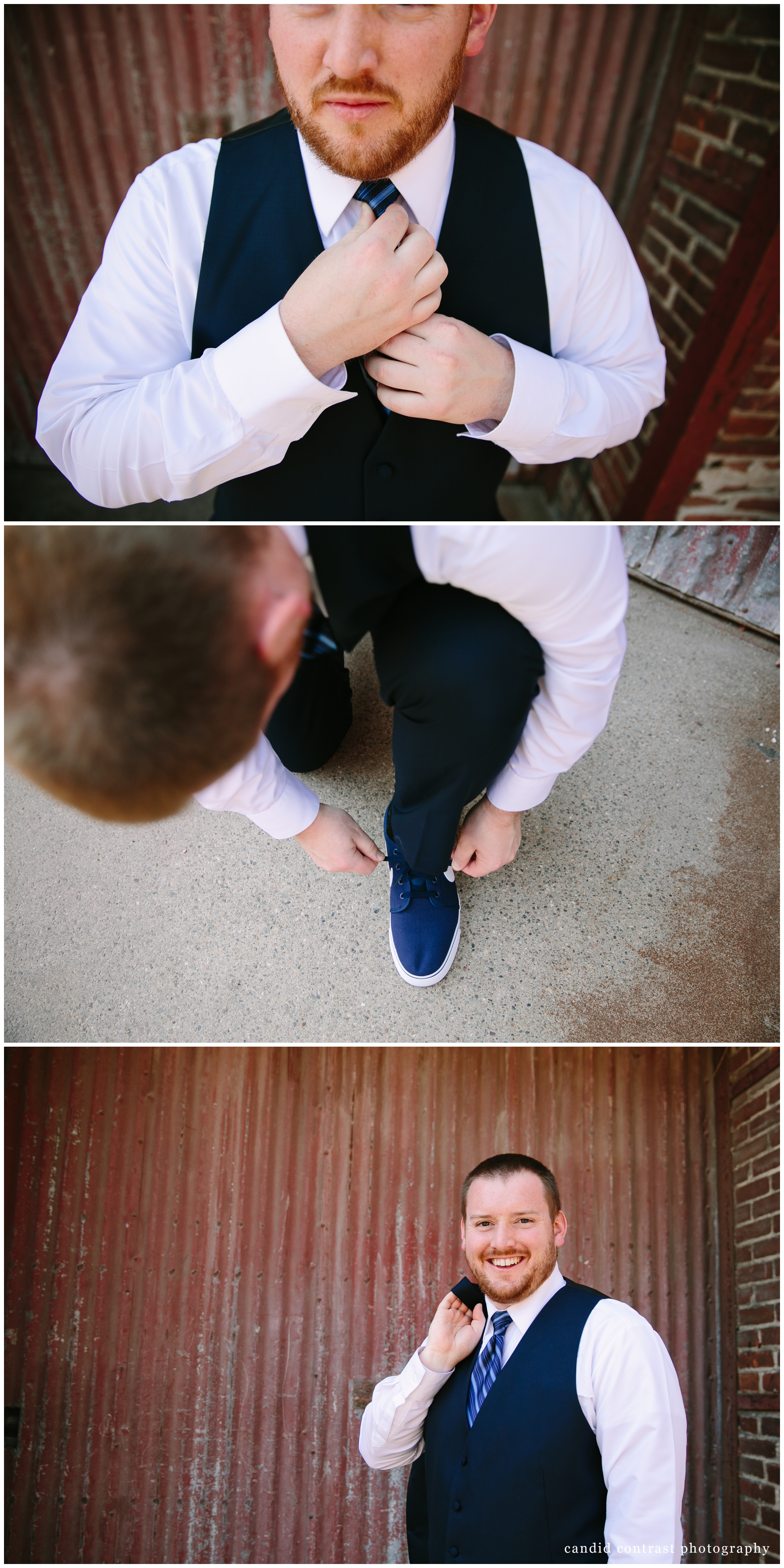 groom getting ready for Dubuque iowa wedding, candid contrast photography
