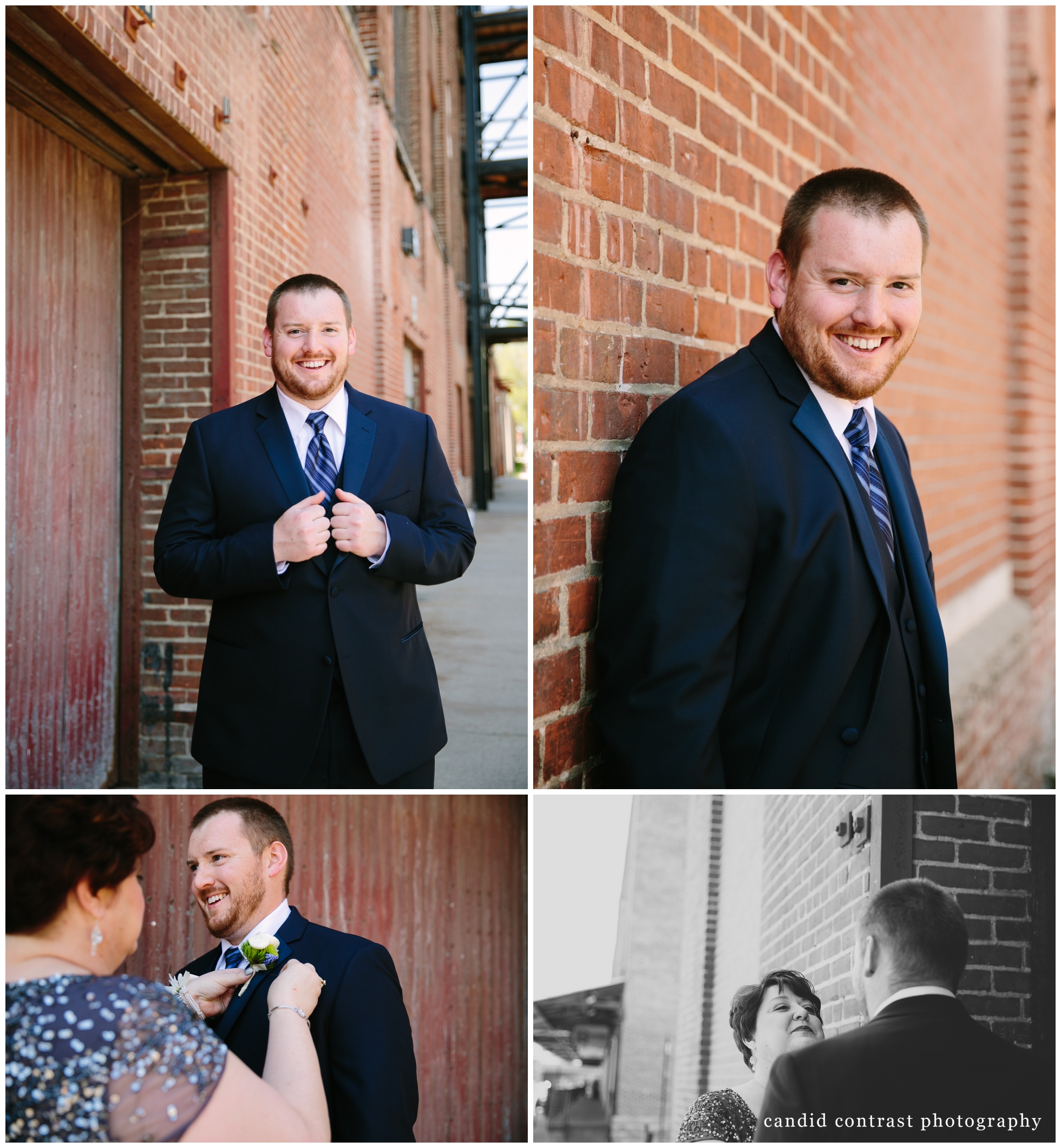 groom getting ready for Dubuque iowa wedding, candid contrast photography