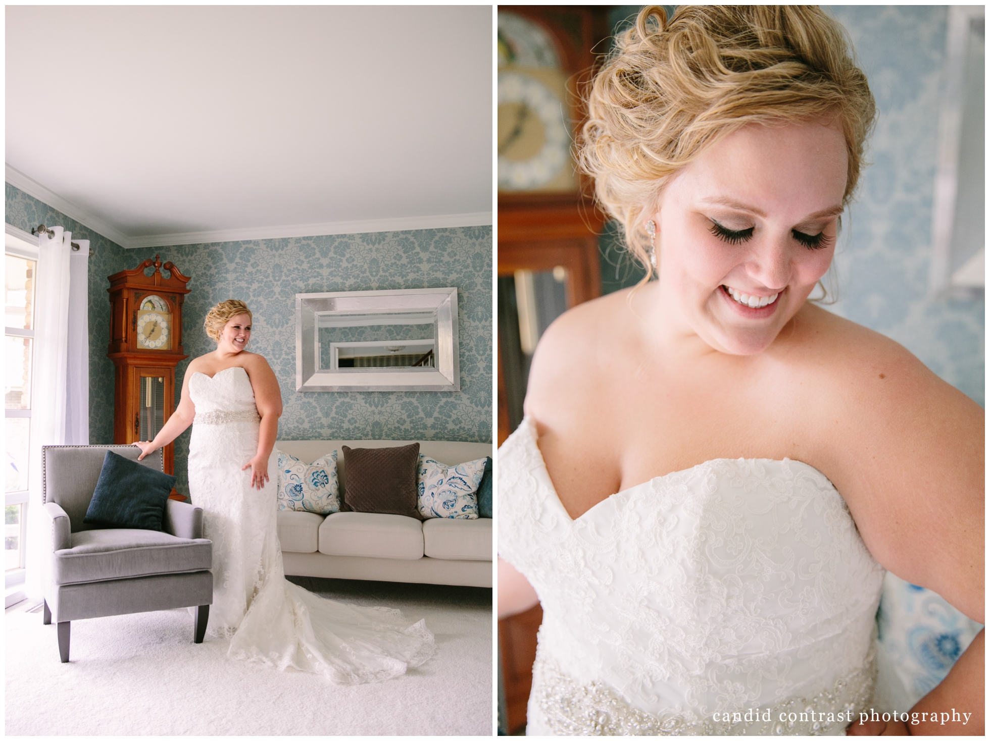bride getting ready for Dubuque IA wedding, candid contrast photography