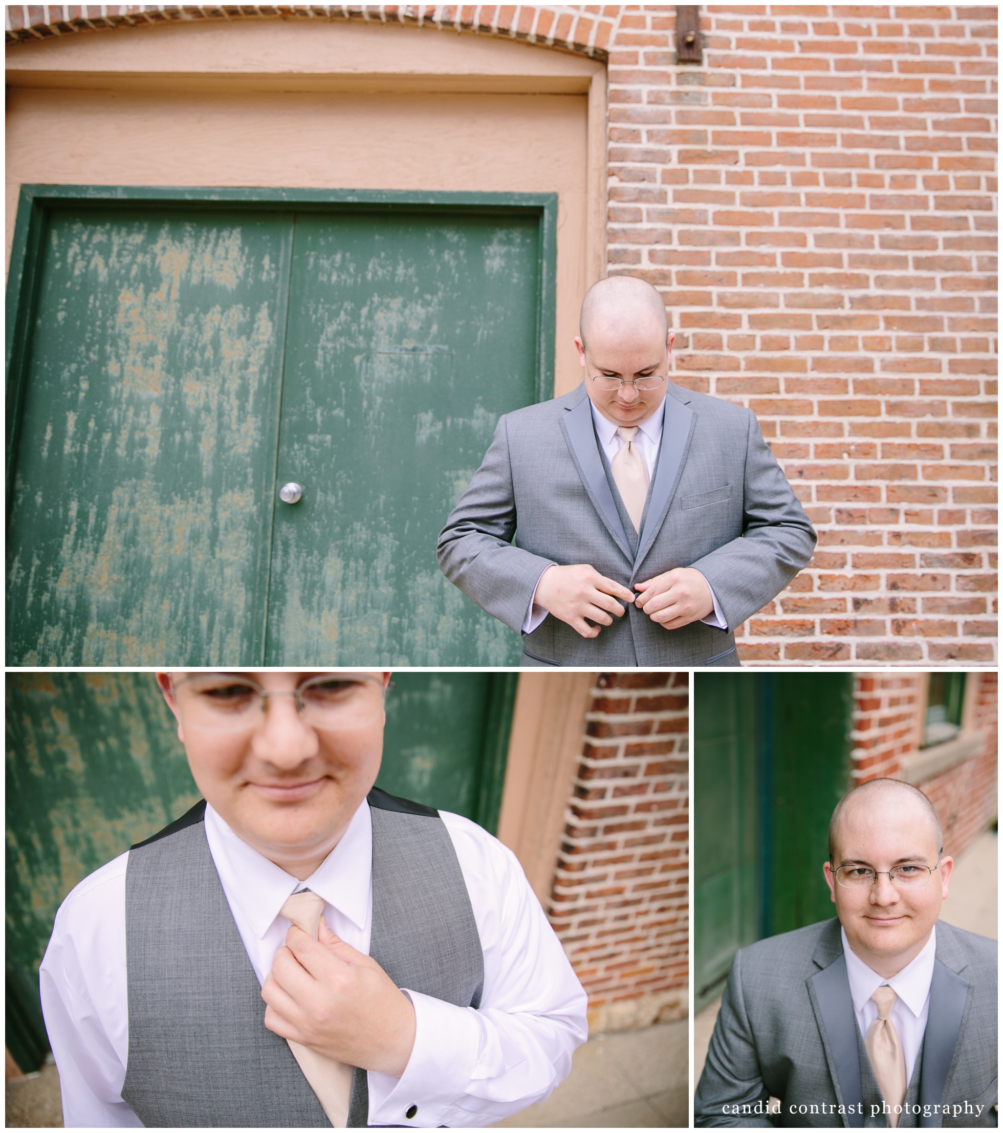 groom getting ready for Dubuque IA wedding, candid contrast photography