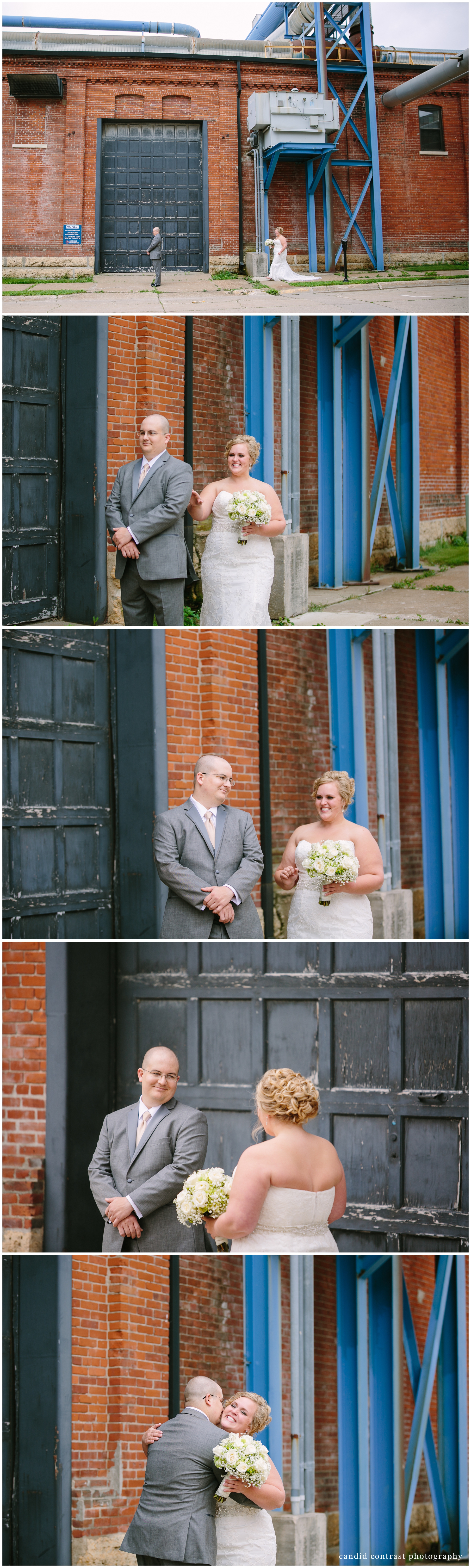 first look during Dubuque IA wedding, candid contrast photography