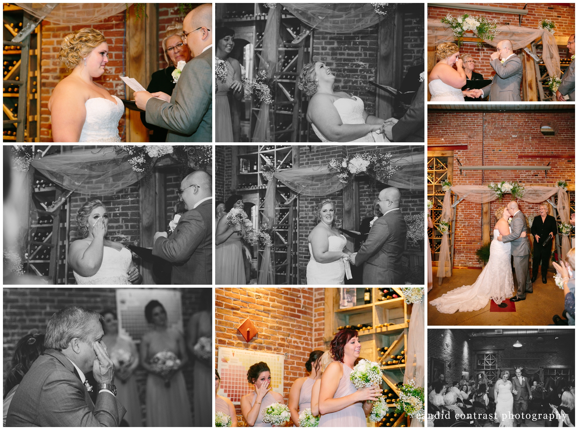 wedding ceremony for Dubuque IA winery wedding, candid contrast photography, stone cliff winery