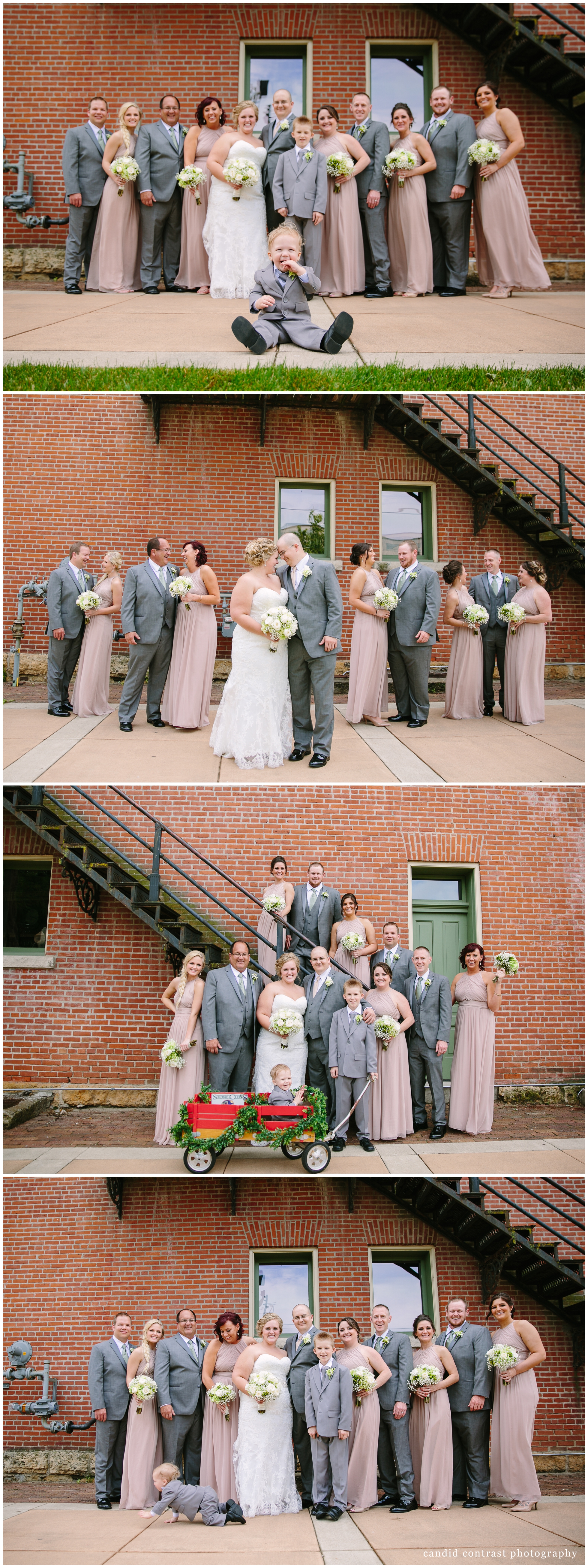 bridal party portraits during Dubuque IA winery wedding, candid contrast photography, stone cliff winery