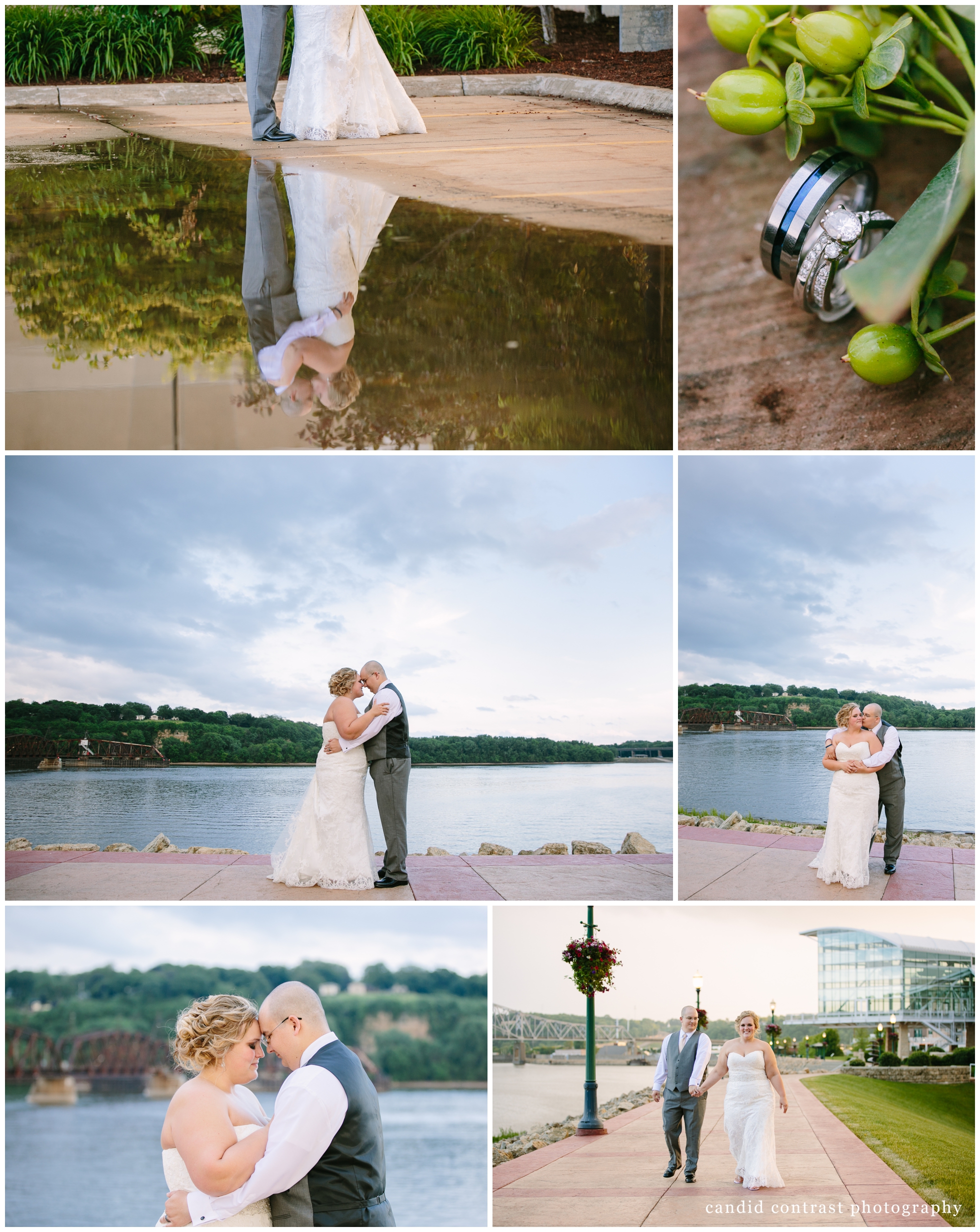 sunset bride and groom portraits during Dubuque IA winery wedding, candid contrast photography, stone cliff winery, thin blue line ring