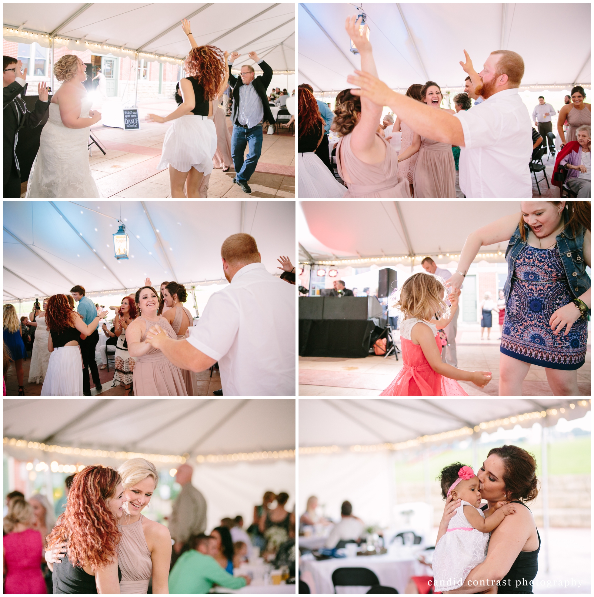 tent reception dancing during Dubuque IA winery wedding, candid contrast photography, stone cliff winery