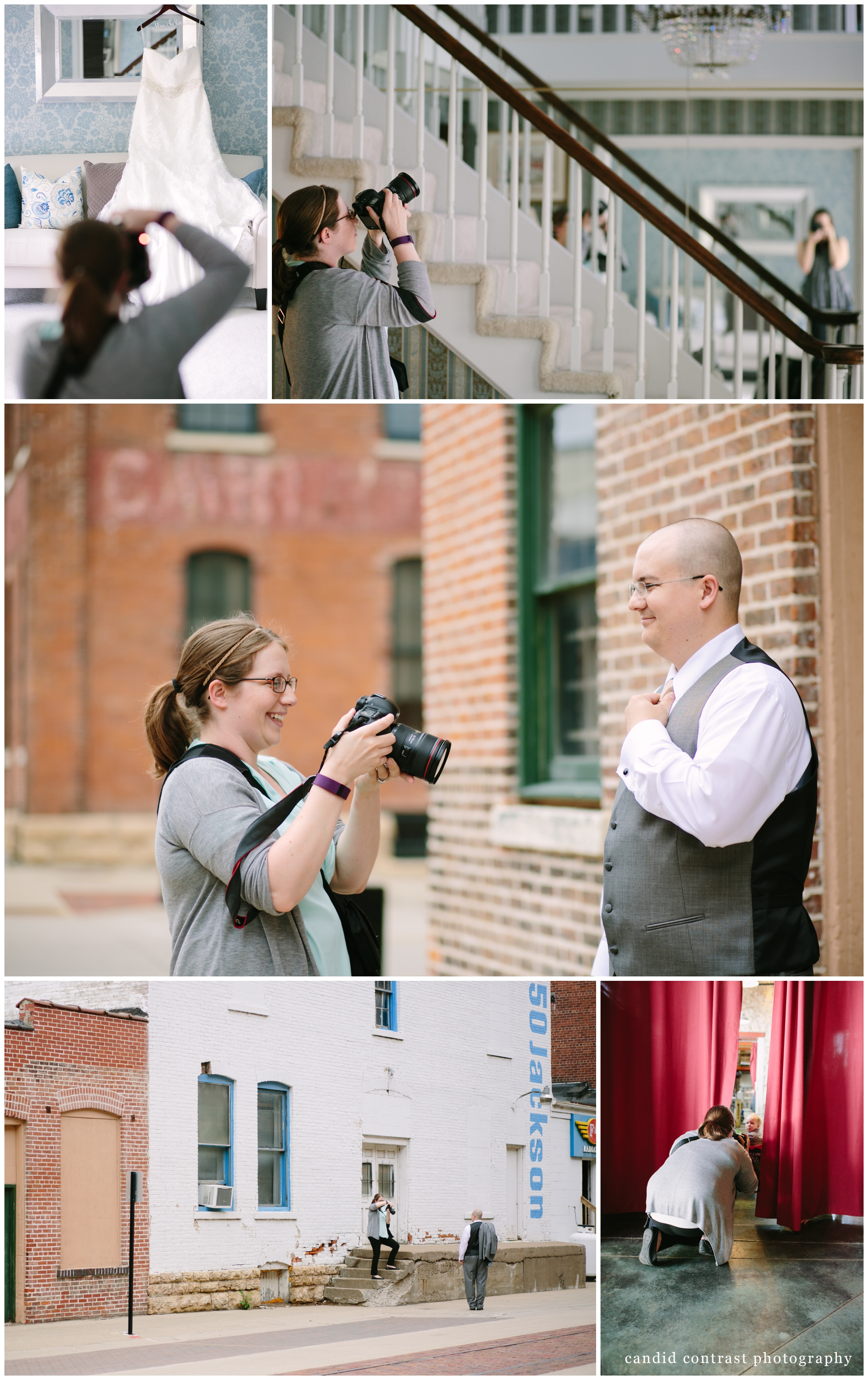 Galena IL Dubuque IA wedding photographer, behind the scenes at Dubuque wedding, Candid Contrast Photography