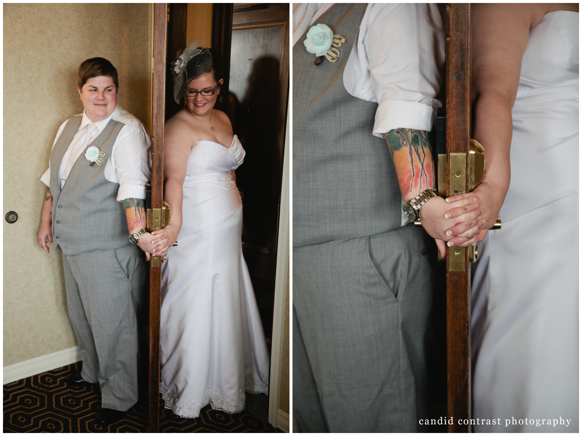 candid wedding moments & quiet prayer at hotel julien for same sex dubuque iowa wedding, candid contrast photography