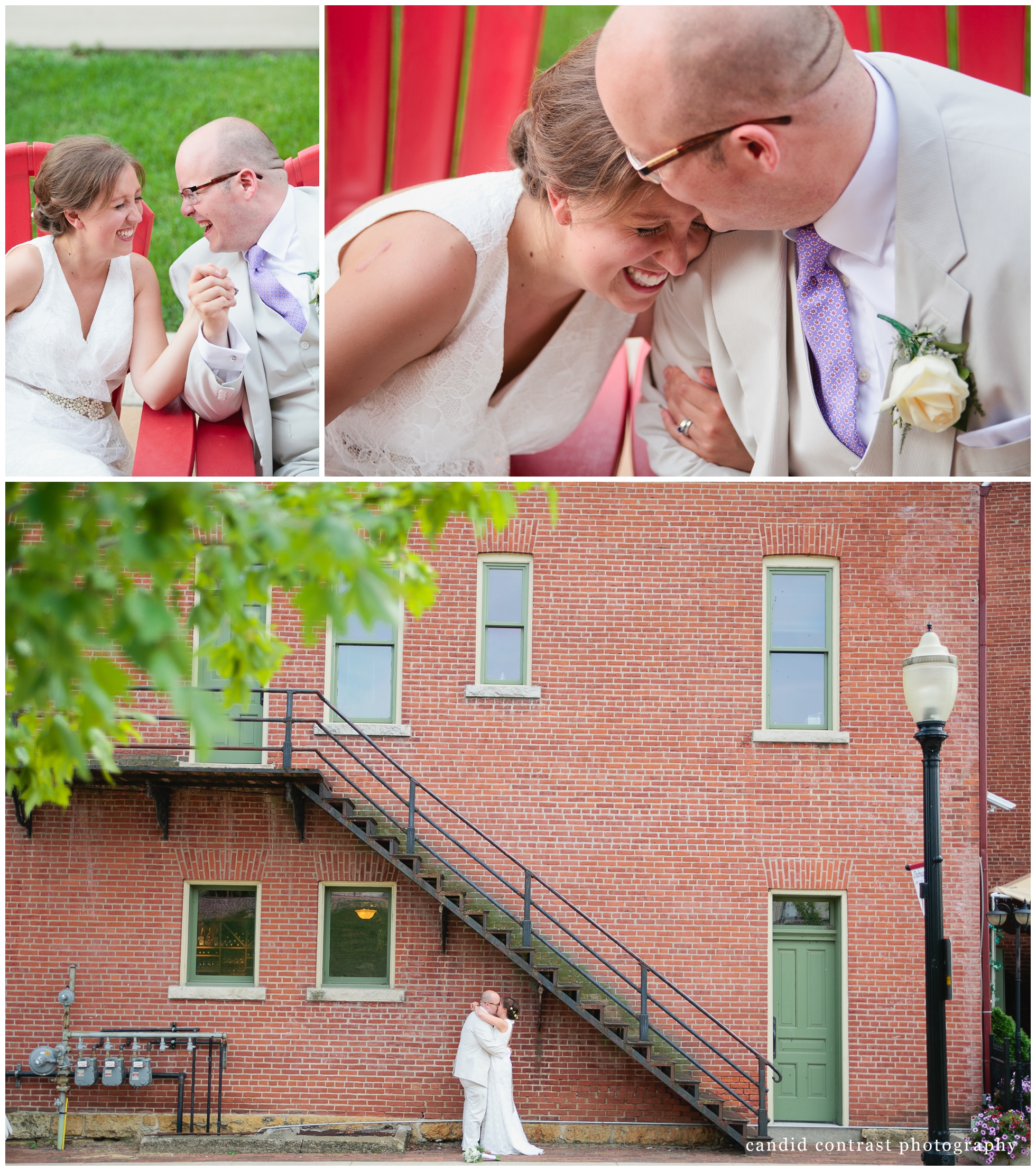 bride and groom at port of dubuque wedding, candid contrast photography