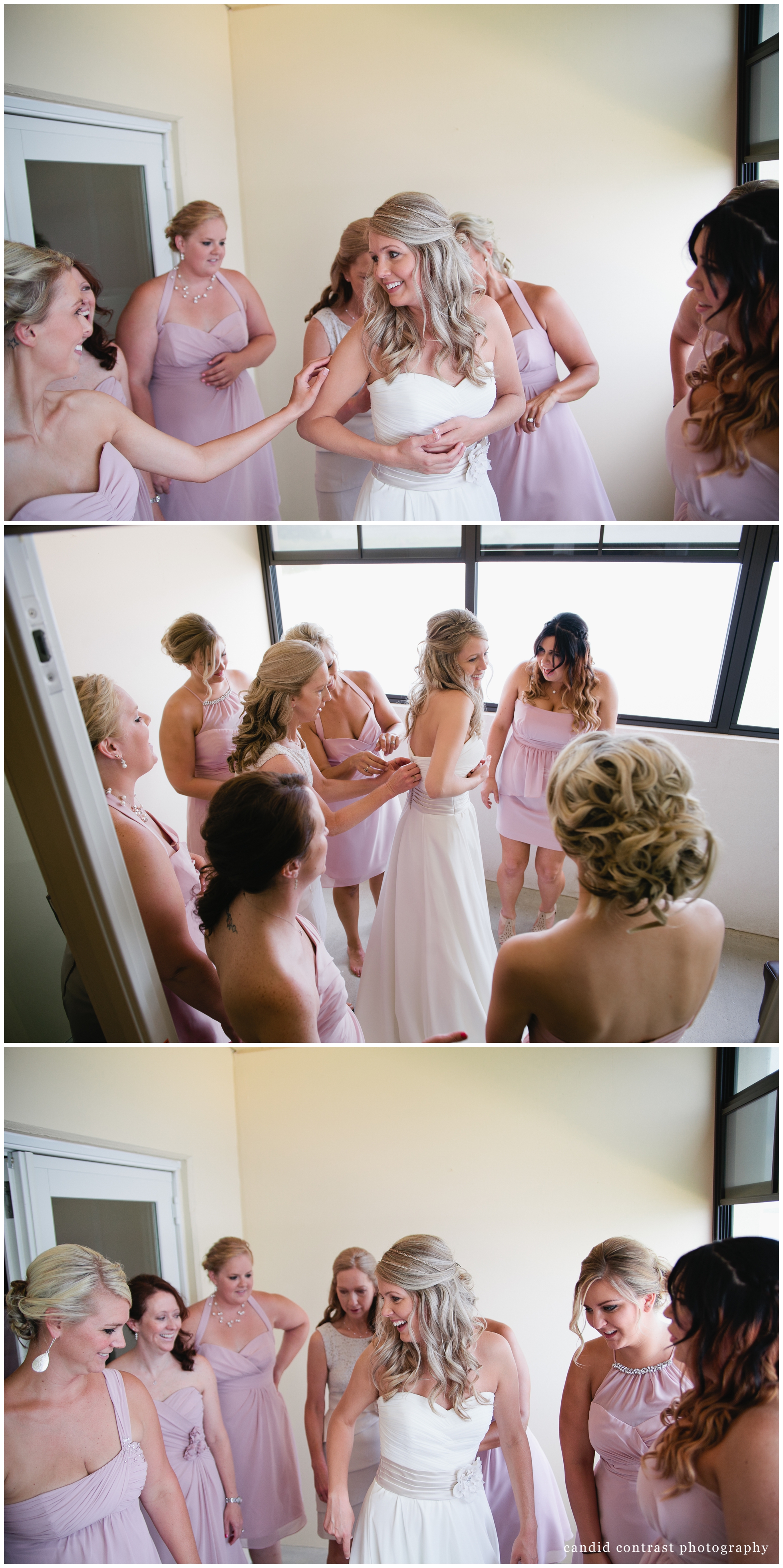 getting ready for Bellevue Iowa wedding at The Shore Event Centre, pink bridesmaids dresses, iowa wedding photographer candid contrast photography