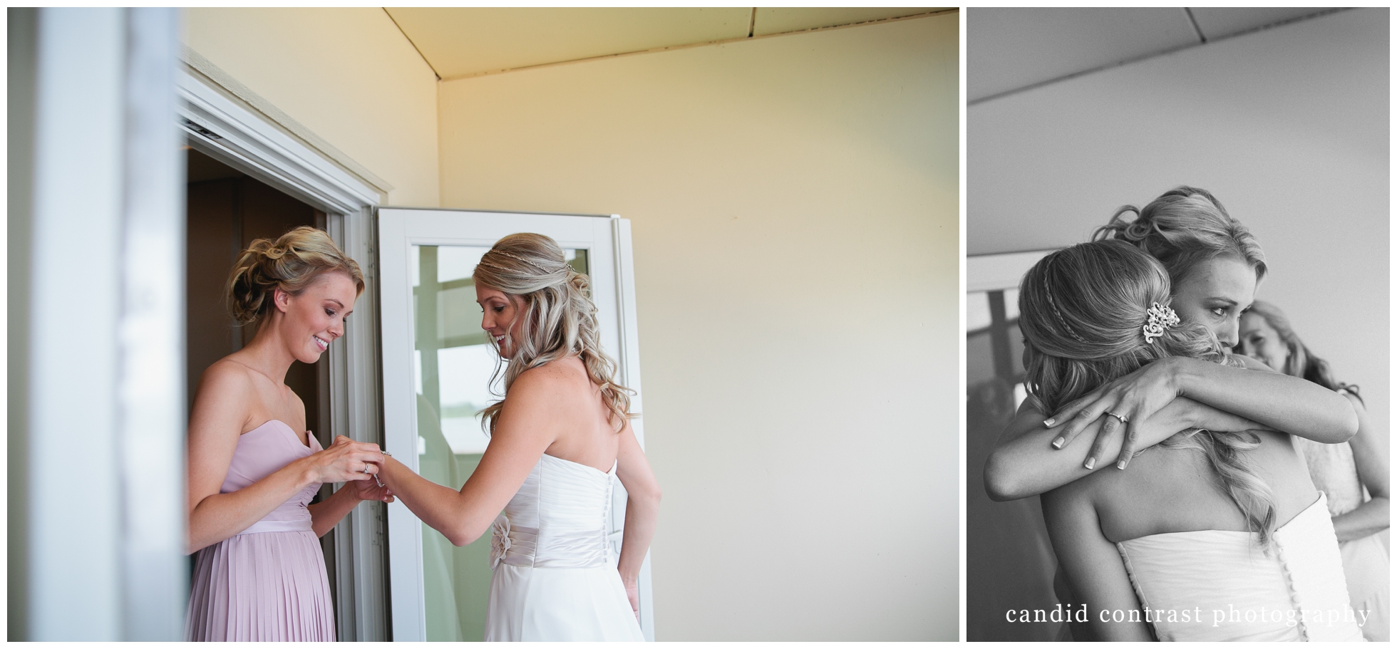 getting ready for Bellevue Iowa wedding at The Shore Event Centre, candid wedding moment with bride and sister, iowa wedding photographer candid contrast photography