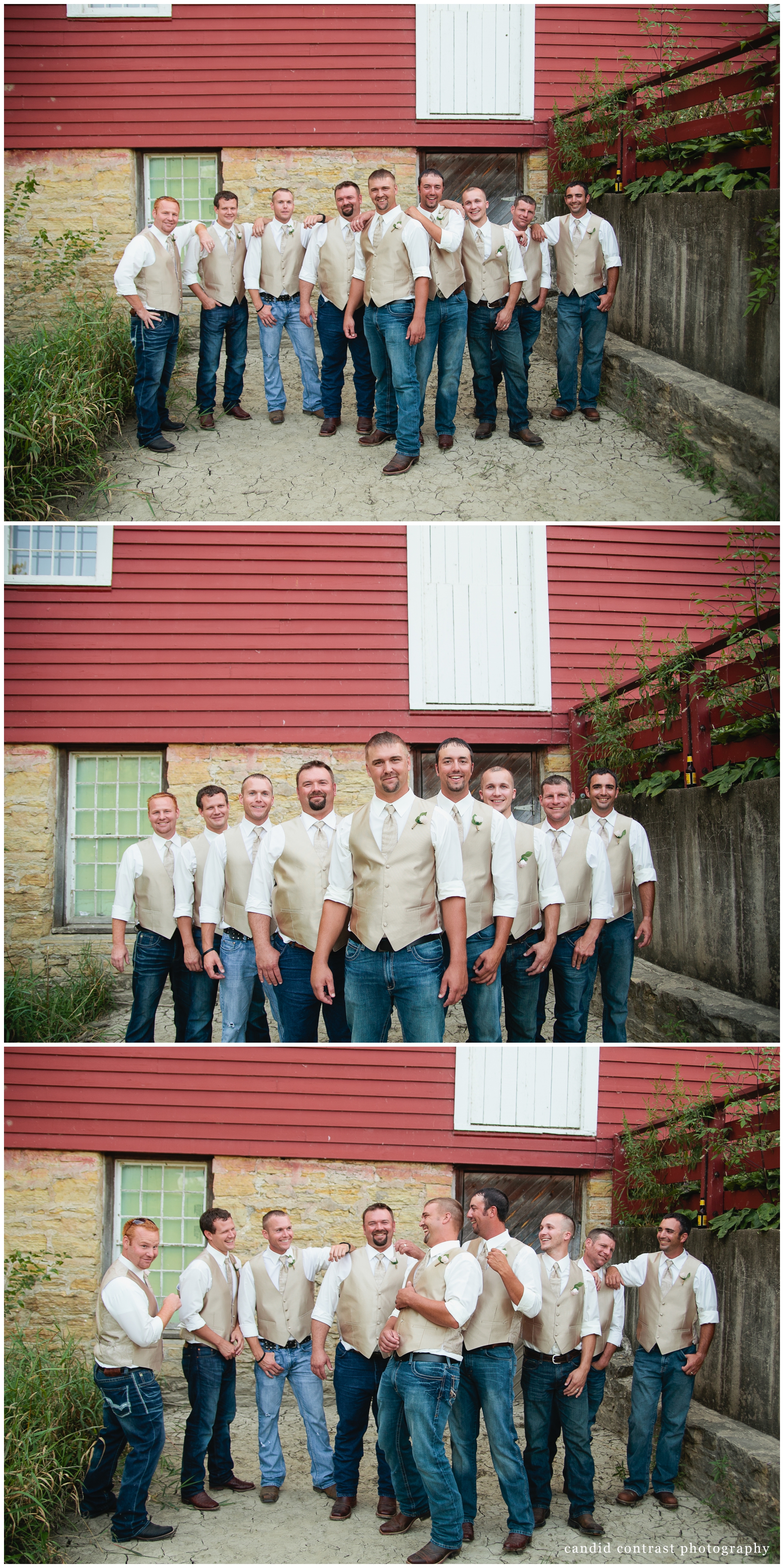 Bellevue Iowa wedding at The Shore Event Centre, groomsmen photos at potter's mill, iowa wedding photographer candid contrast photography