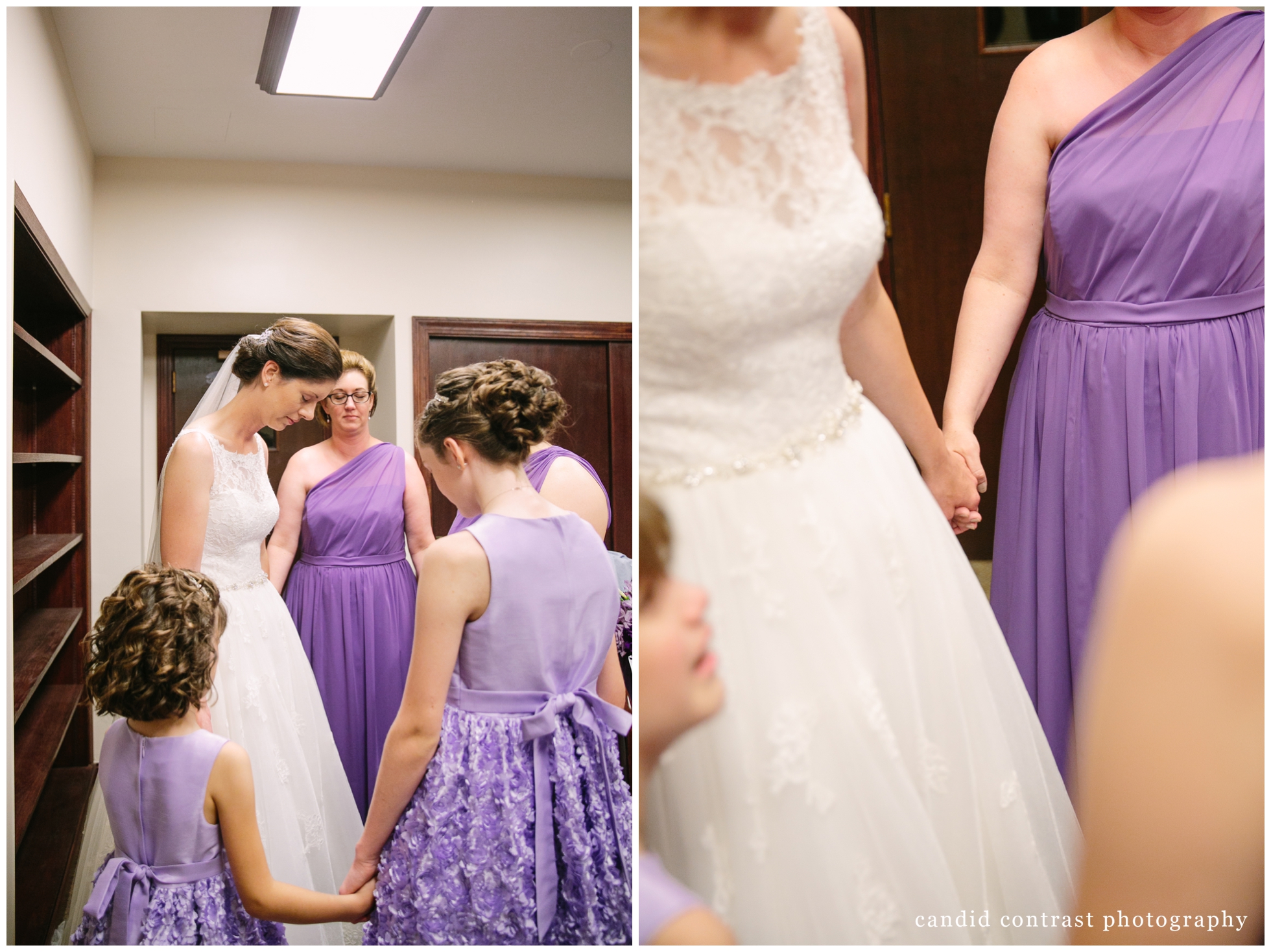 prayer before classic Dubuque iowa wedding at the grand river center, candid contrast photography