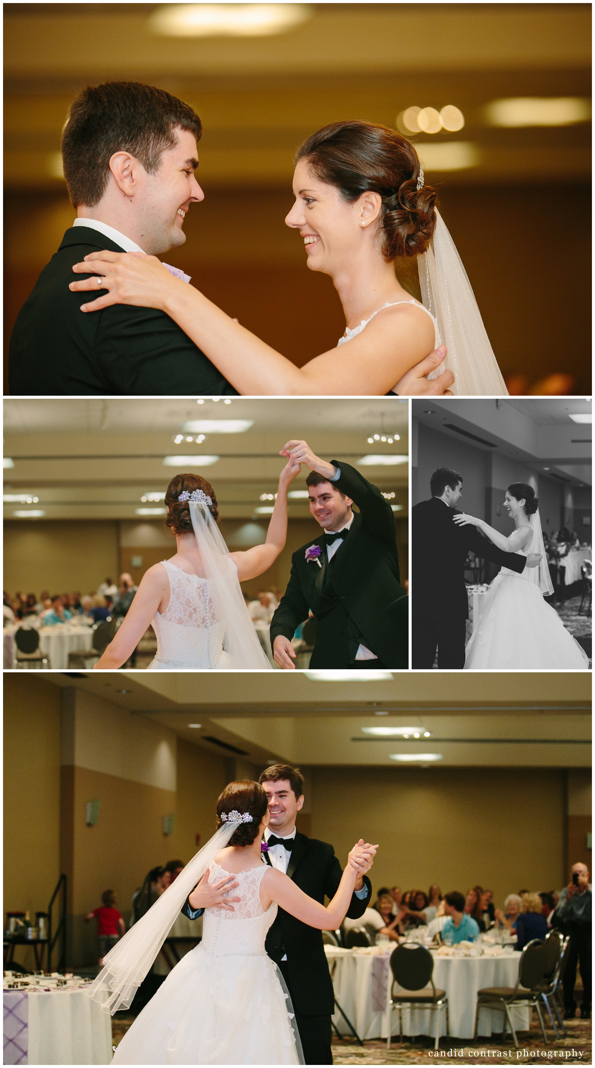first dance at classic Dubuque iowa wedding at the grand river center, candid contrast photography