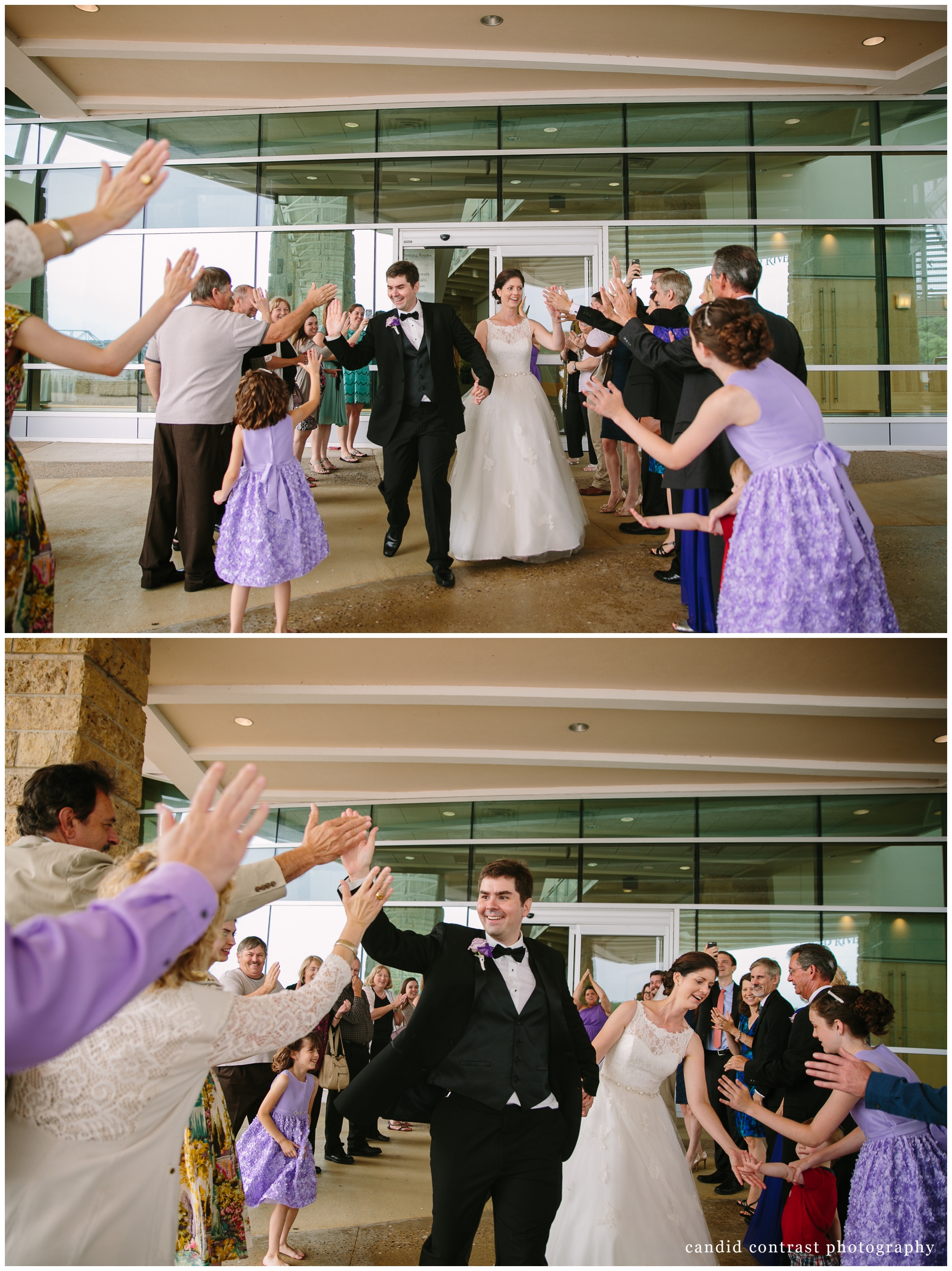 grand exit at classic Dubuque iowa wedding at the grand river center, candid contrast photography