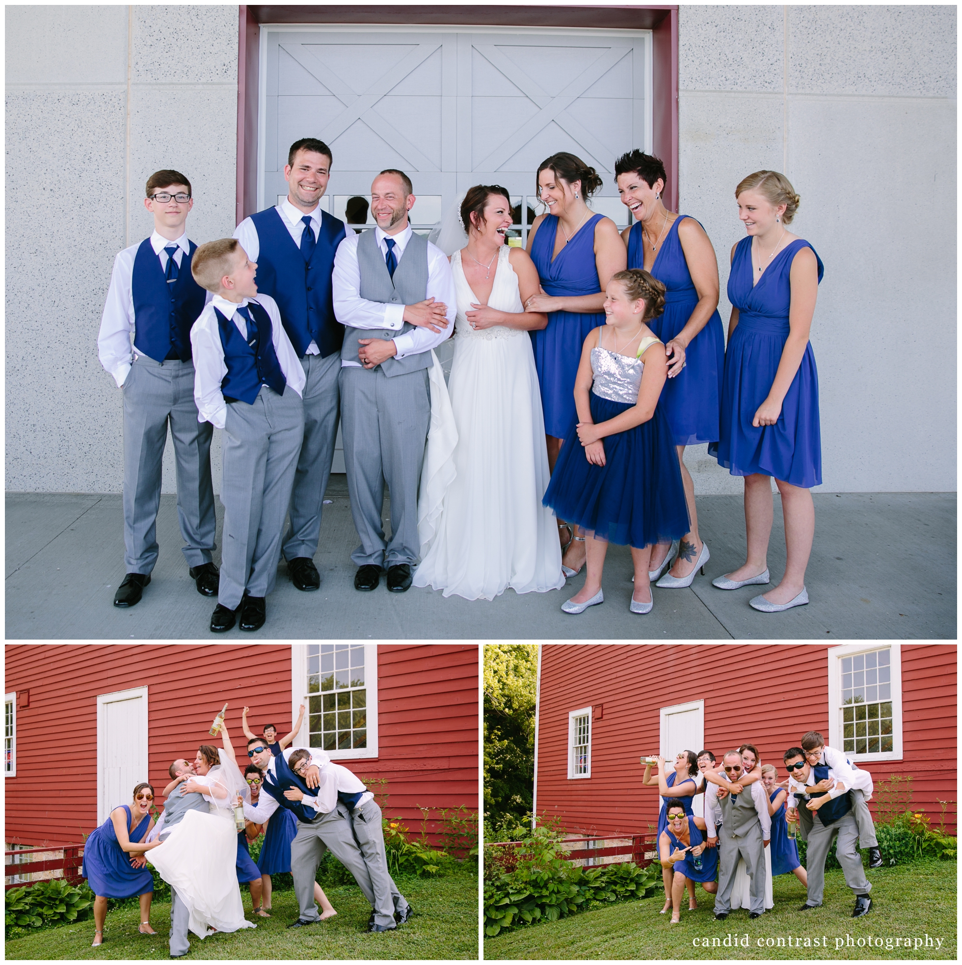 the wedding party at a bellevue iowa outdoor wedding at the shore event center, iowa wedding photographer candid contrast photography