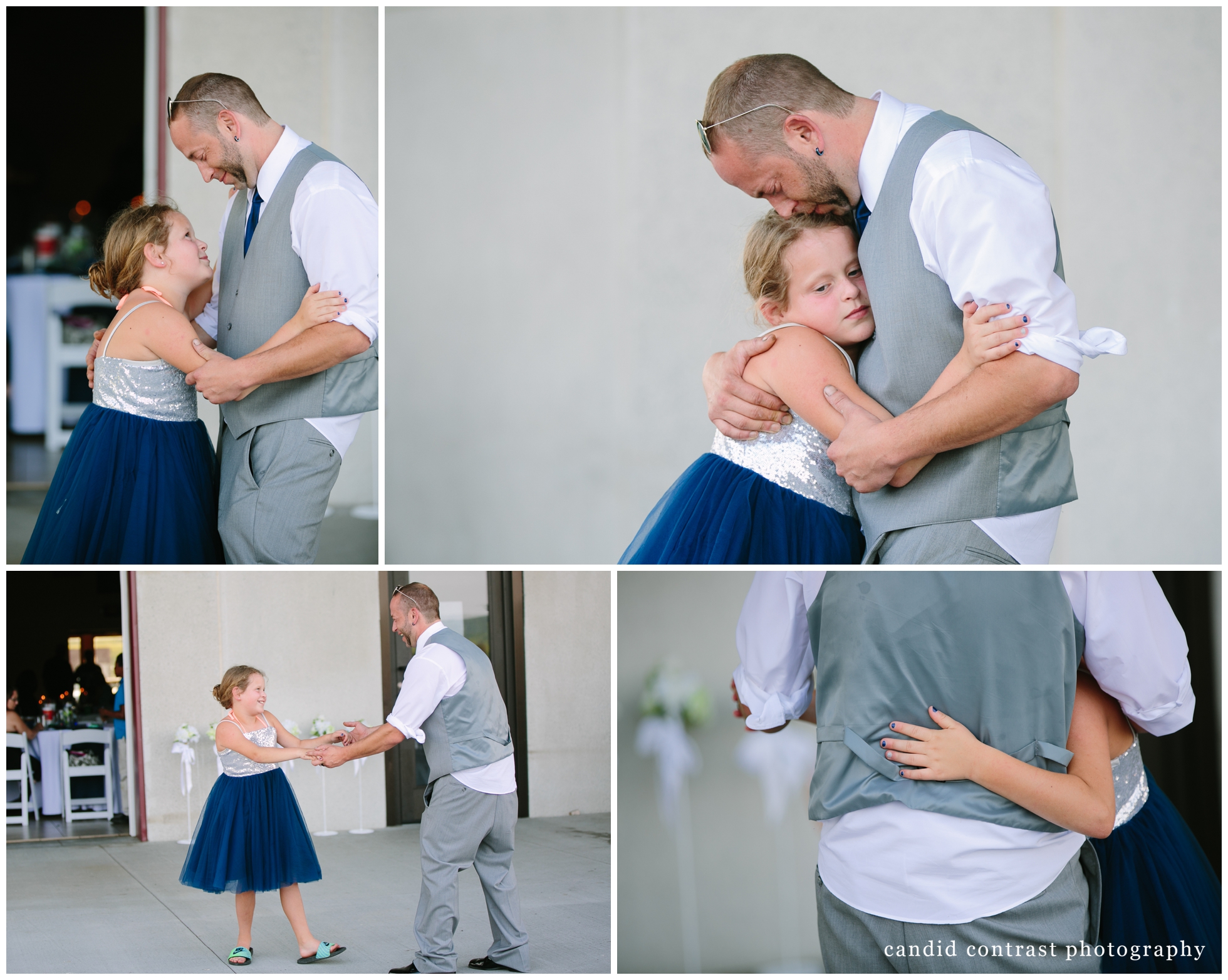 father daughter dance with a young daughter at a bellevue iowa outdoor wedding at the shore event center, iowa wedding photographer candid contrast photography