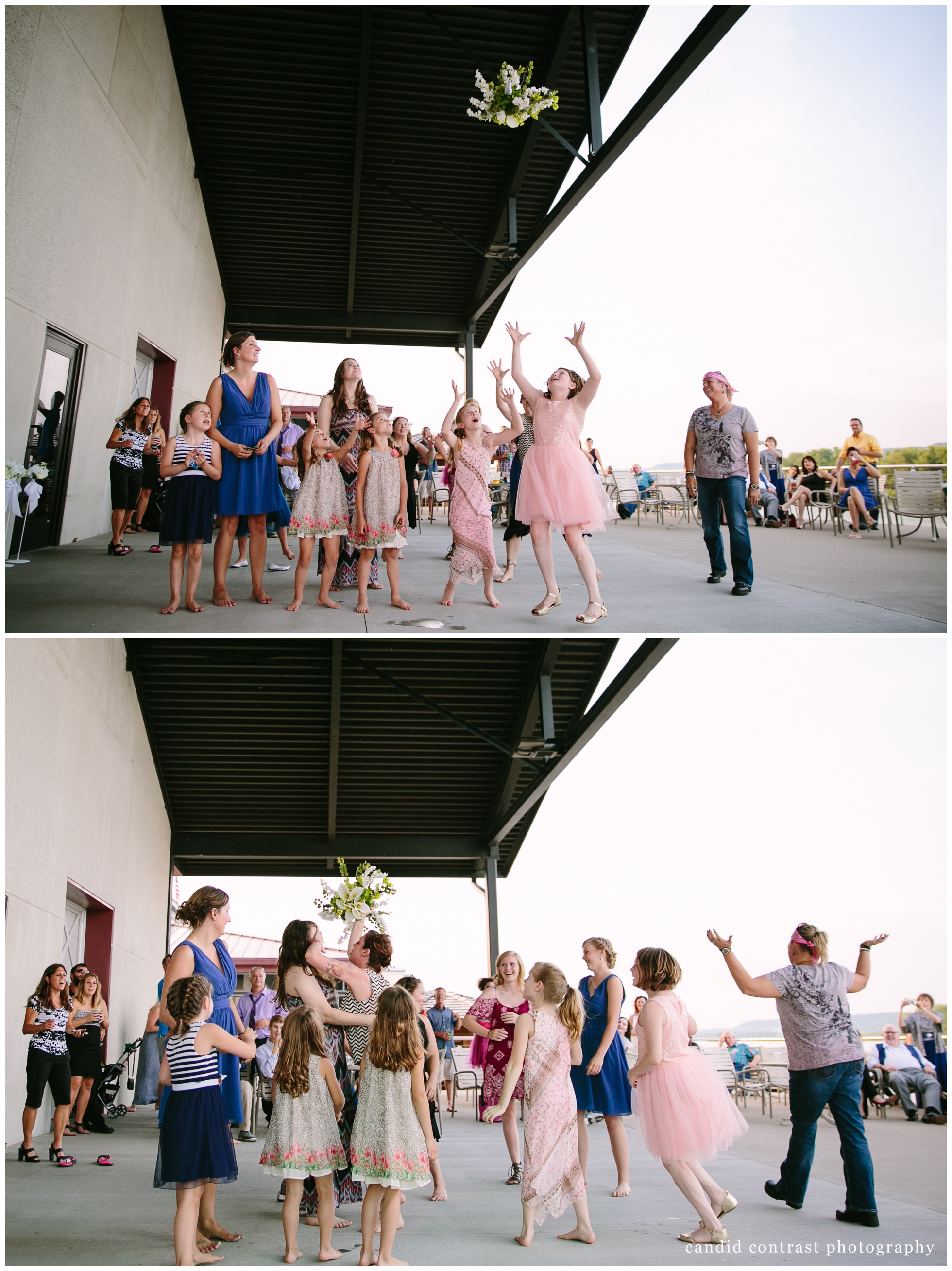 bouquet toss at a bellevue iowa outdoor wedding at the shore event center, iowa wedding photographer candid contrast photography