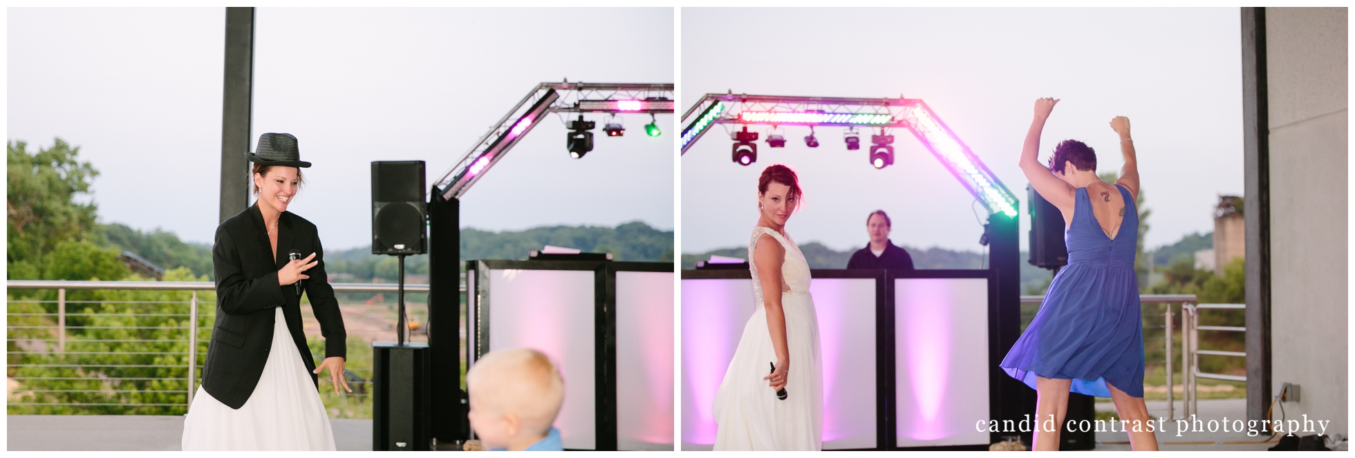 bride and groom lip-sync battle at a bellevue iowa outdoor wedding at the shore event center, iowa wedding photographer candid contrast photography
