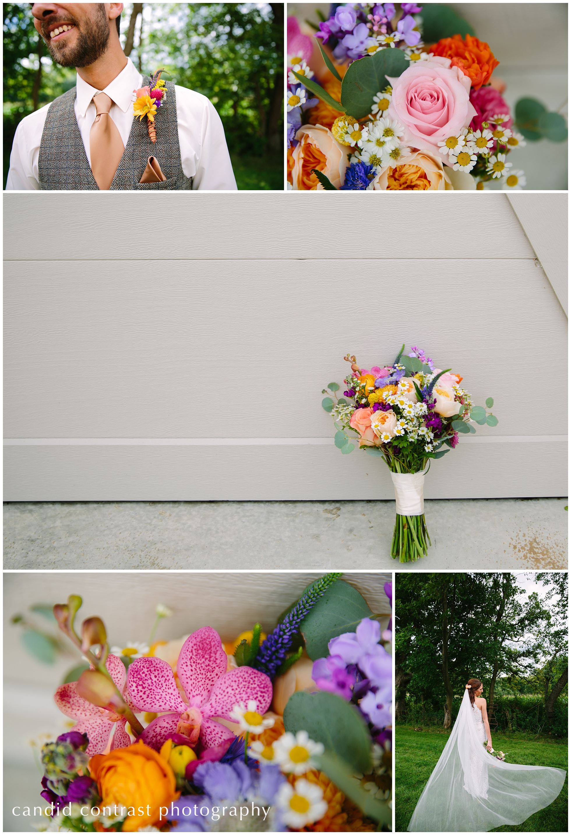 dubuque iowa wedding photographer, wildflower wedding bouquet and boutonniere, bride in cathedral length veil