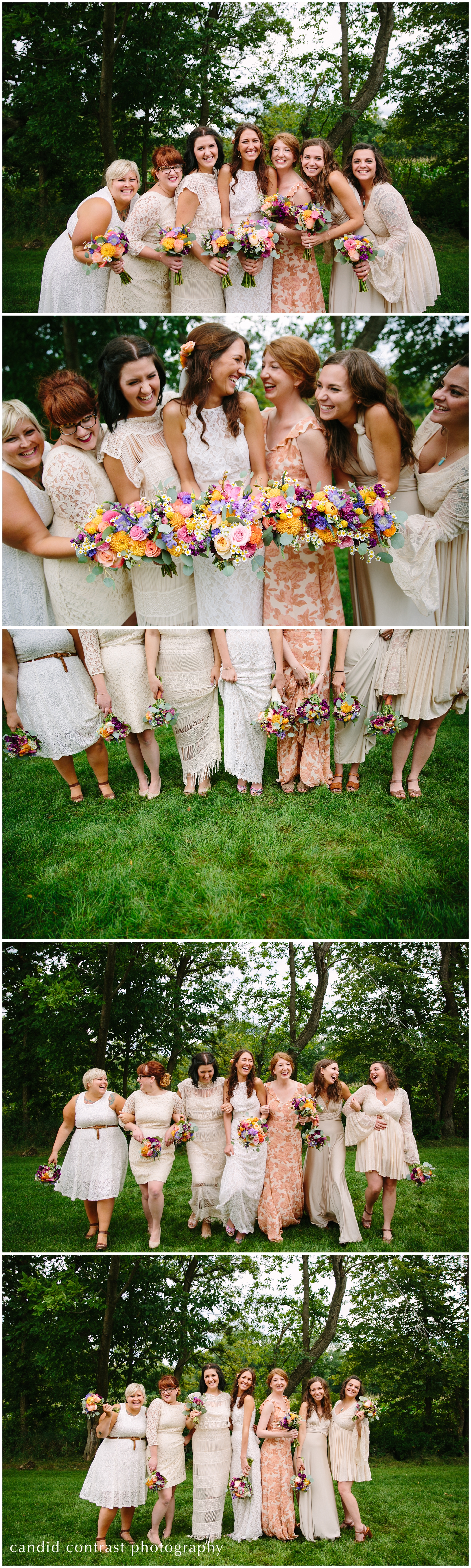 dubuque iowa wedding photographer, BHLDN wedding gown, bridesmaids in different dresses, wildflower bouquets