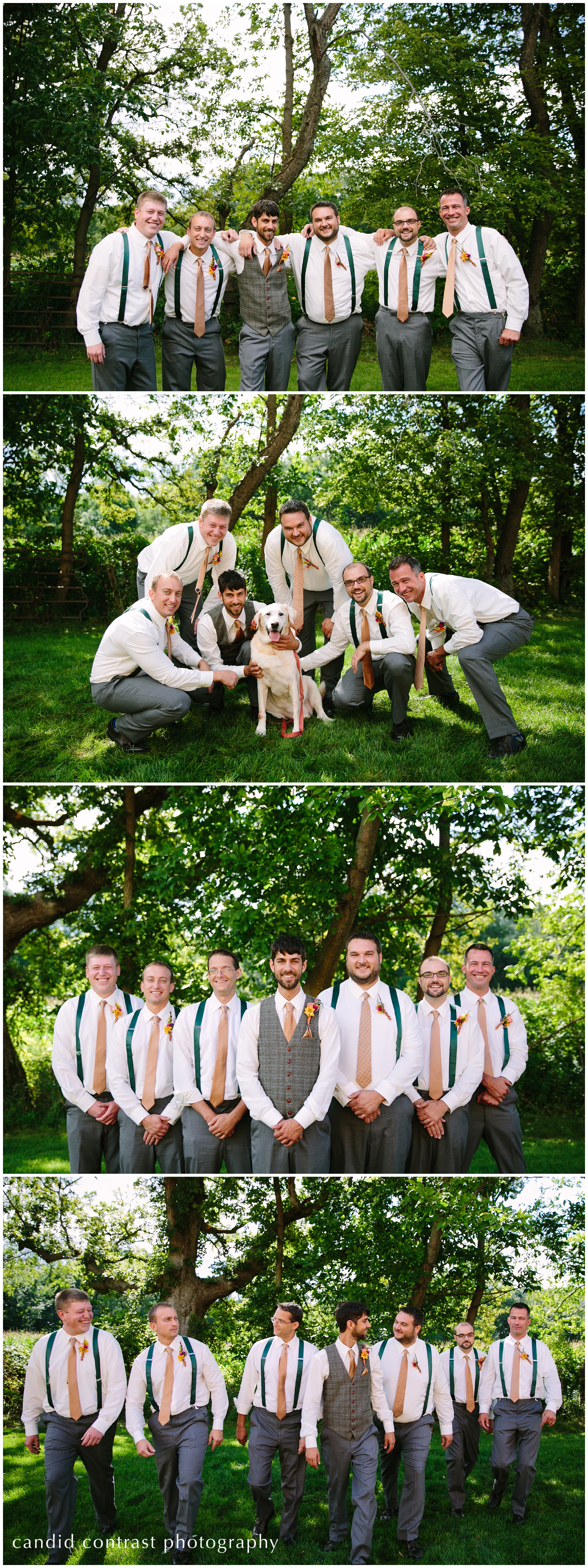 dubuque iowa wedding photographer, groomsmen portraits with dog, suspenders and ties for groomsmen