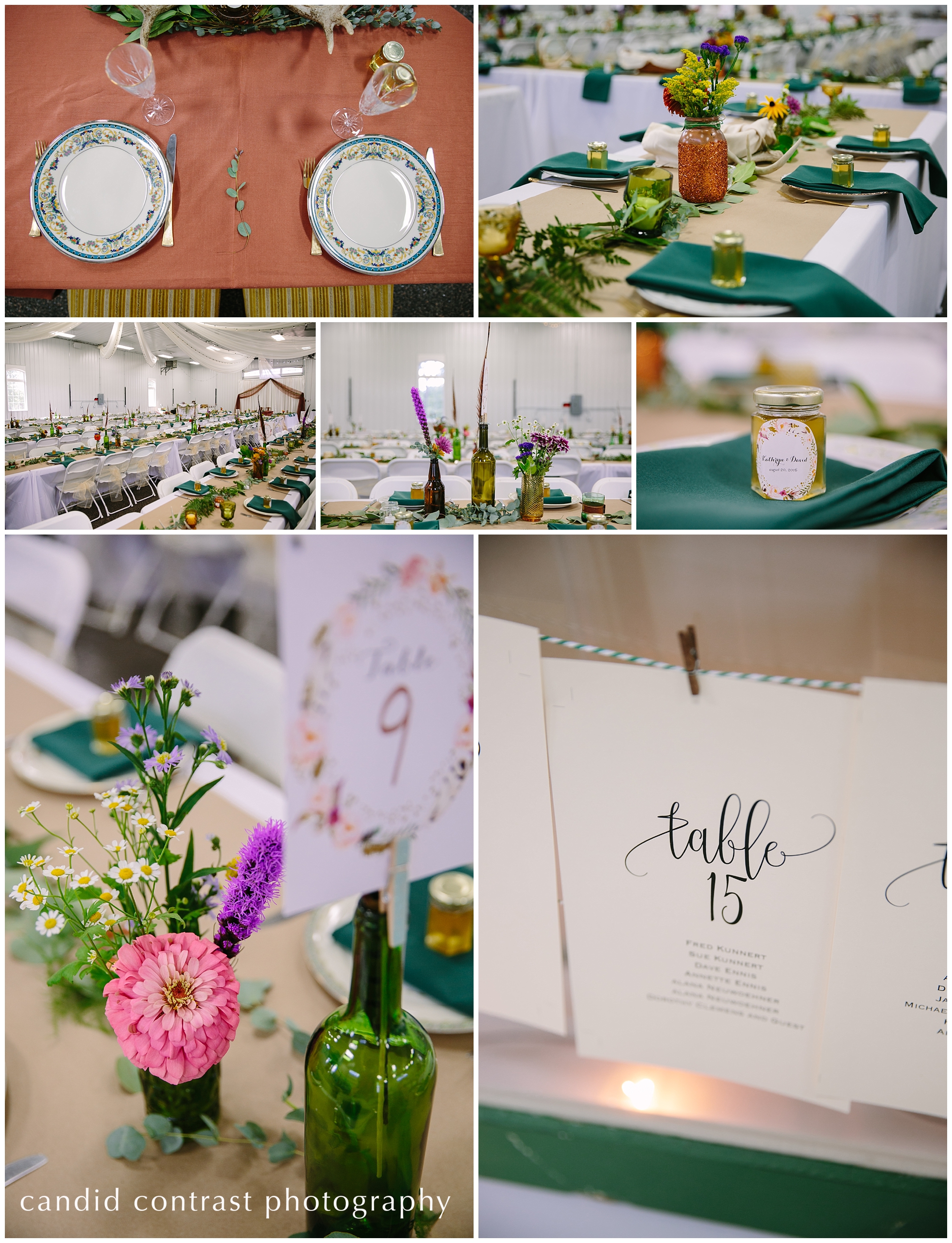 dubuque iowa wedding photographer, copper and green wedding details, wildflowers for wedding decor, vintage dishes for wedding guests