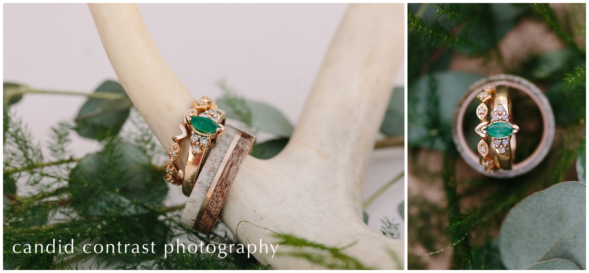dubuque iowa wedding photographer, unique wedding rings, emerald wedding ring, antler wedding band