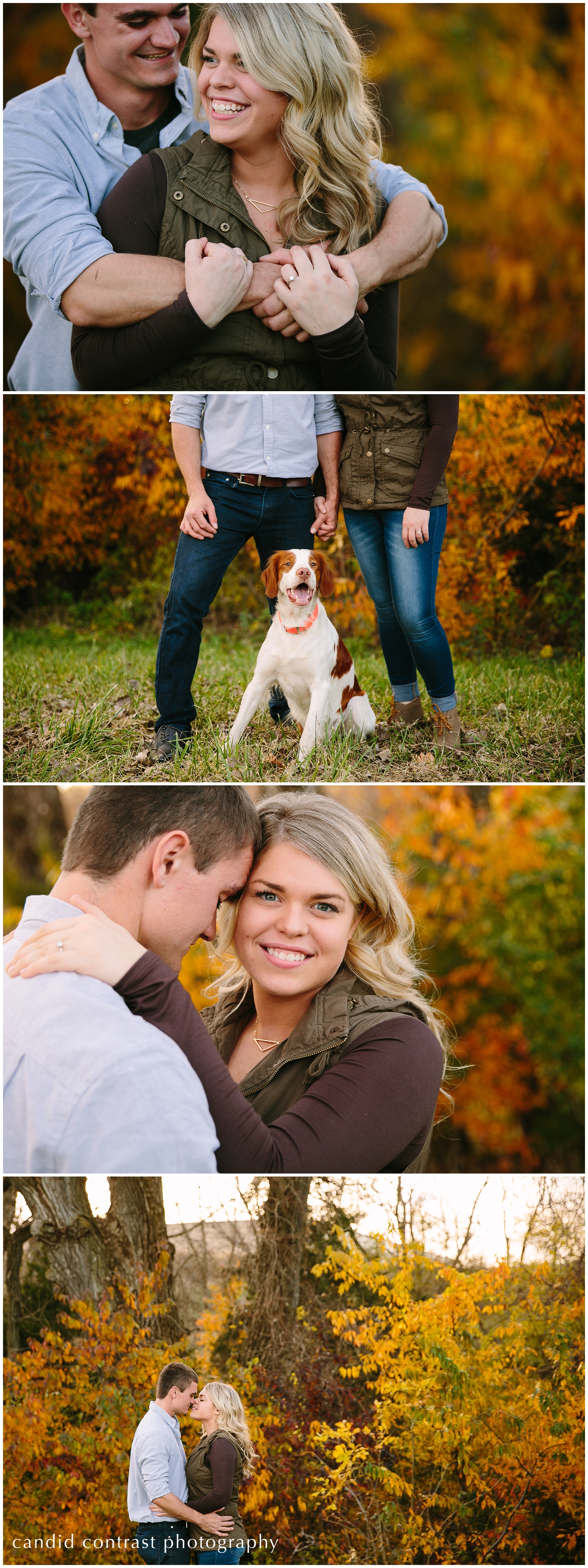 dubuque iowa wedding photographer, fall engagement photos with dog, candid contrast photography