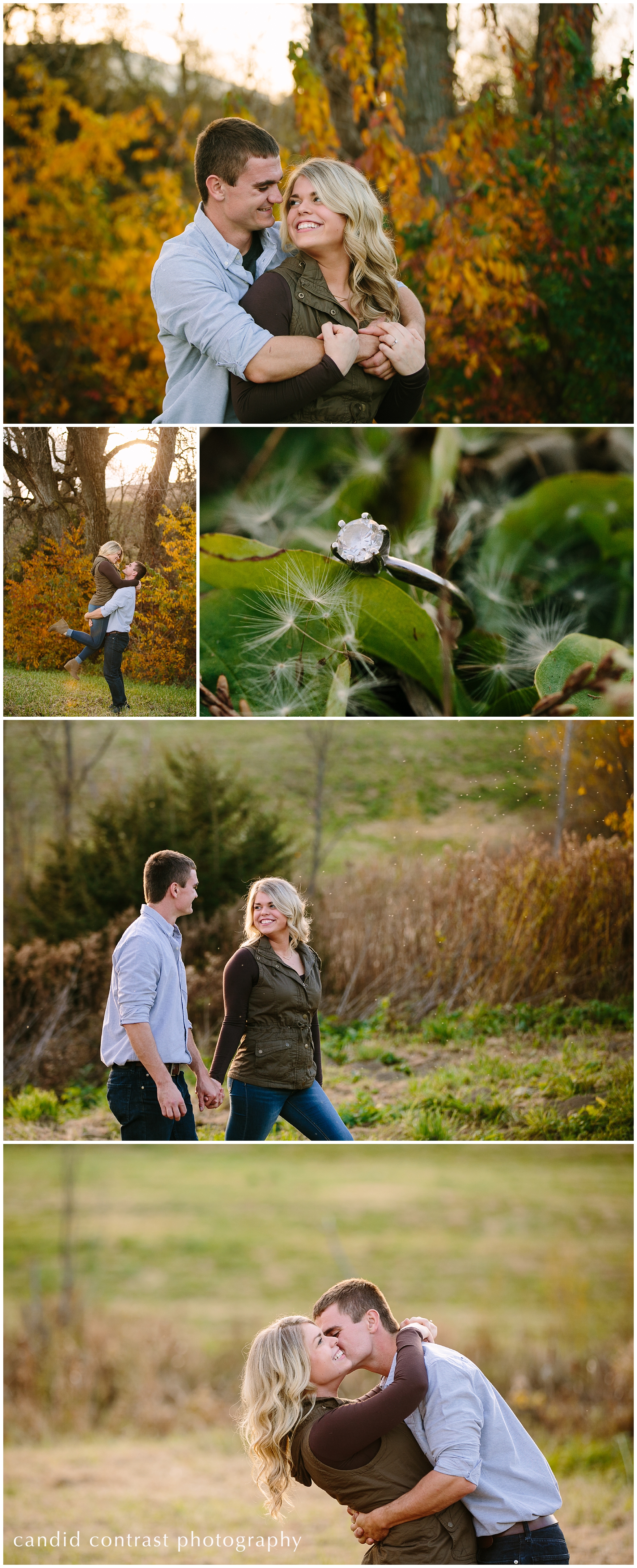 dubuque iowa wedding photographer, fall engagement photos with engagement ring, candid contrast photography