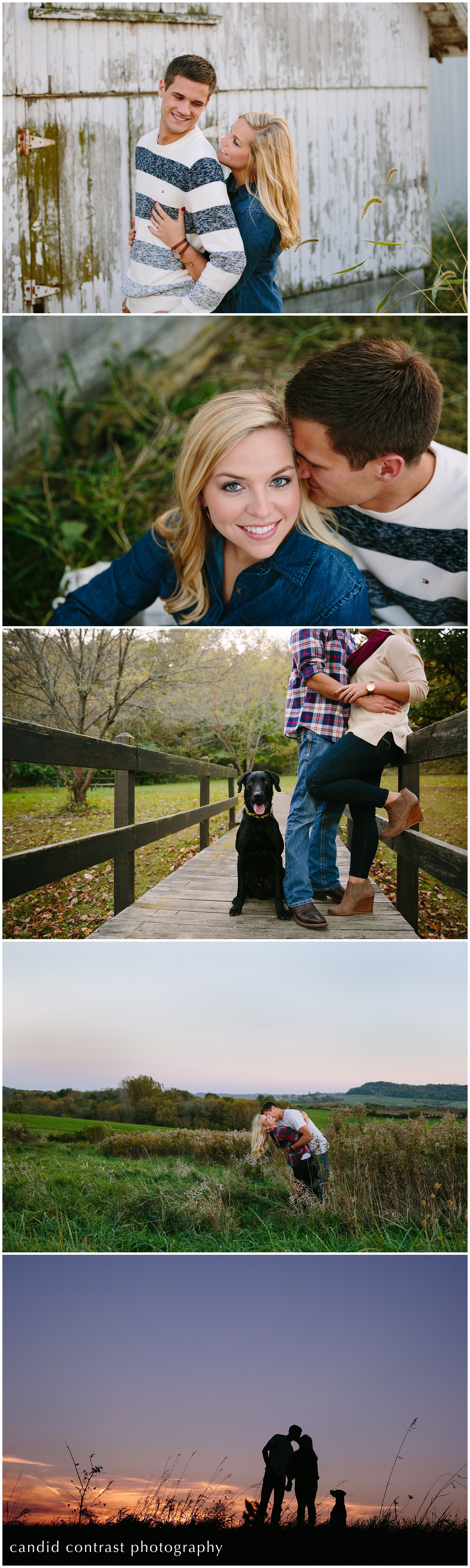 fall engagement session with black lab at mines of spain in dubuque iowa, fall farm engagement session at sunset