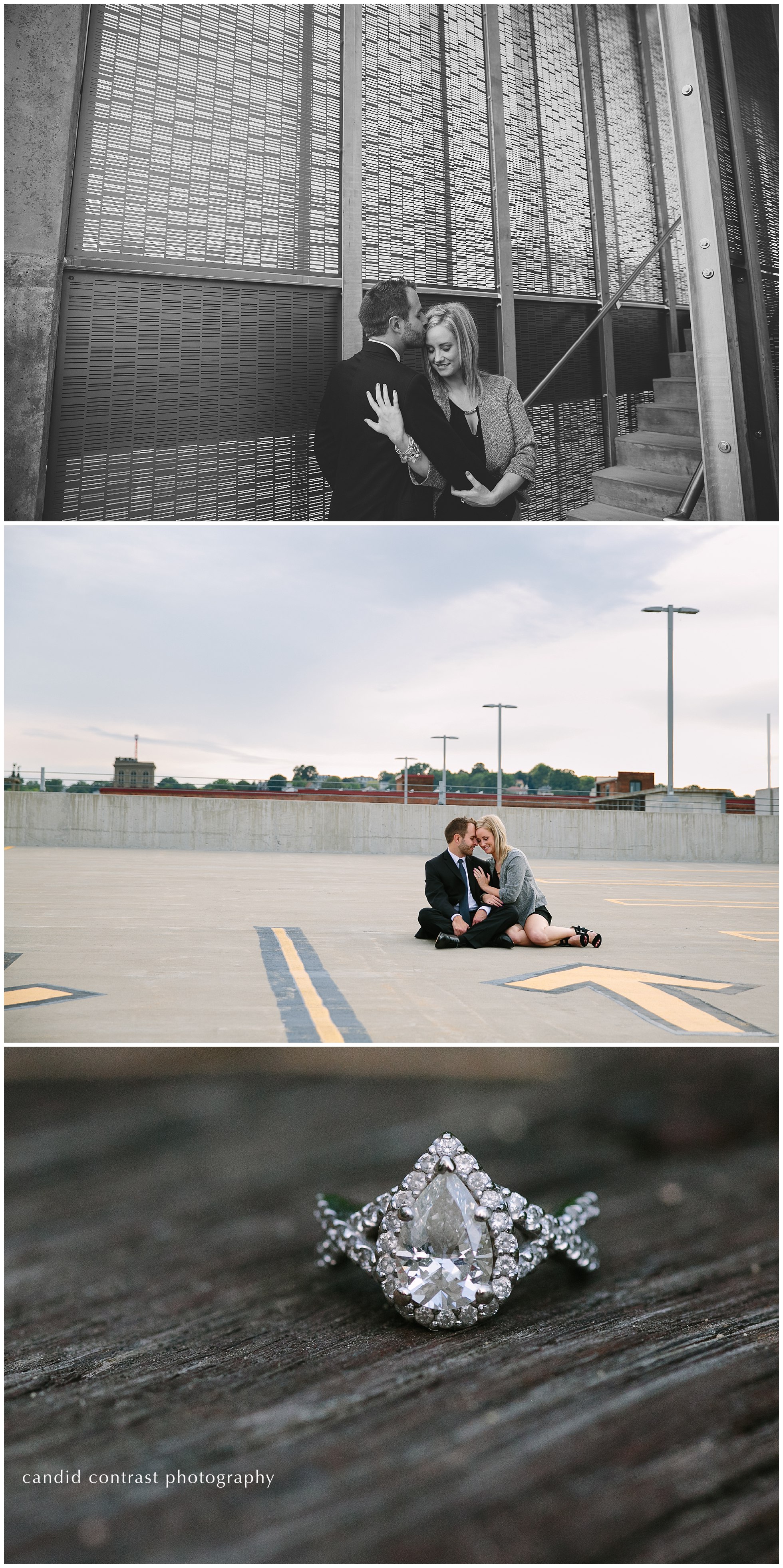 downtown dubuque engagement session on top of a parking garage