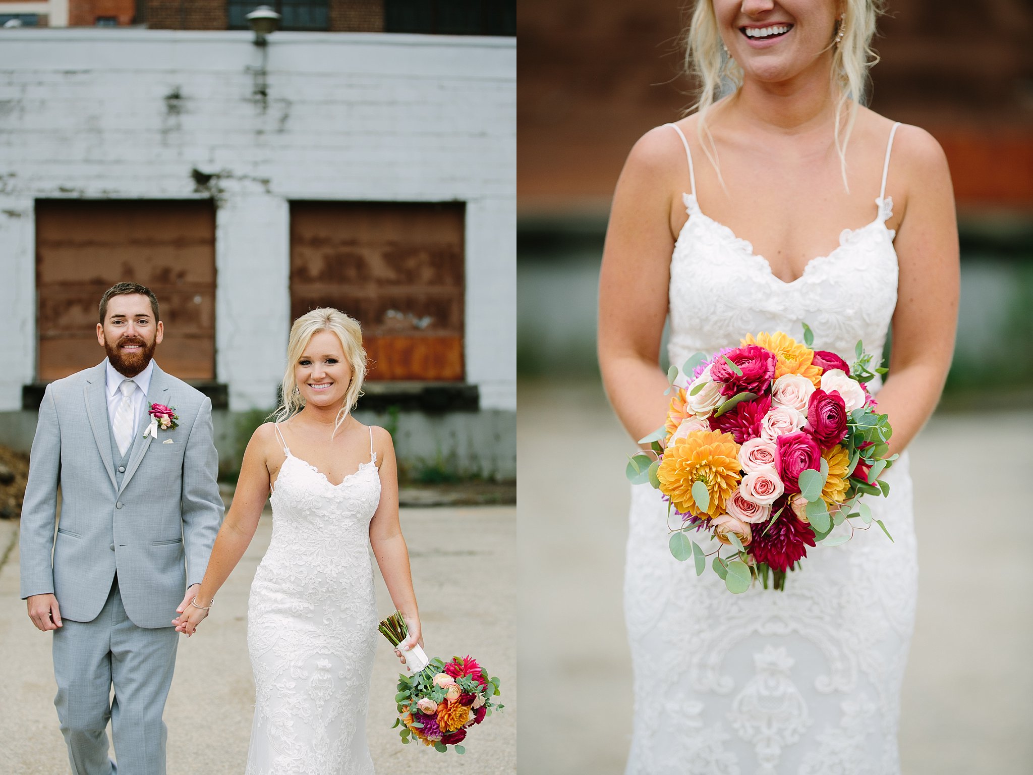 bride and groom in Millwork District downtown Dubuque