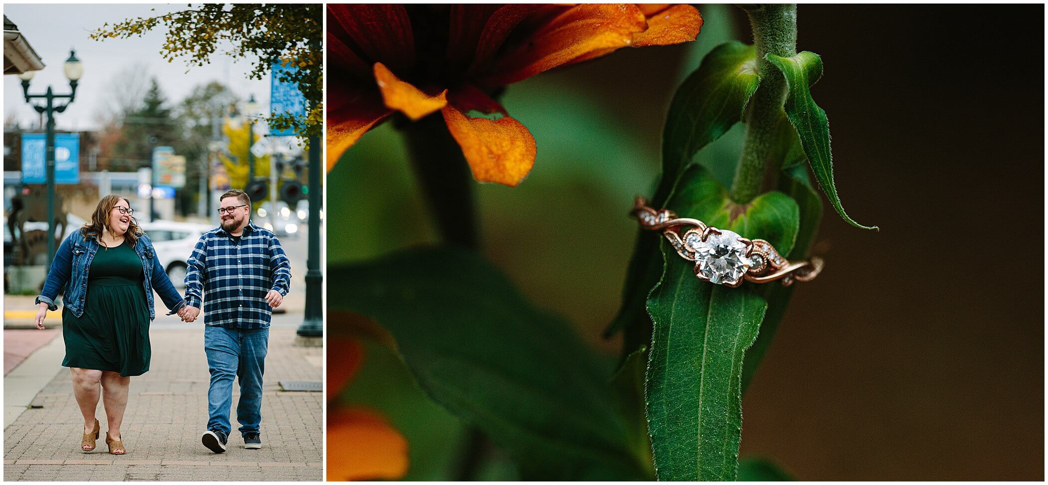 couple walking and laughing in downtown cedar falls, an engagement ring