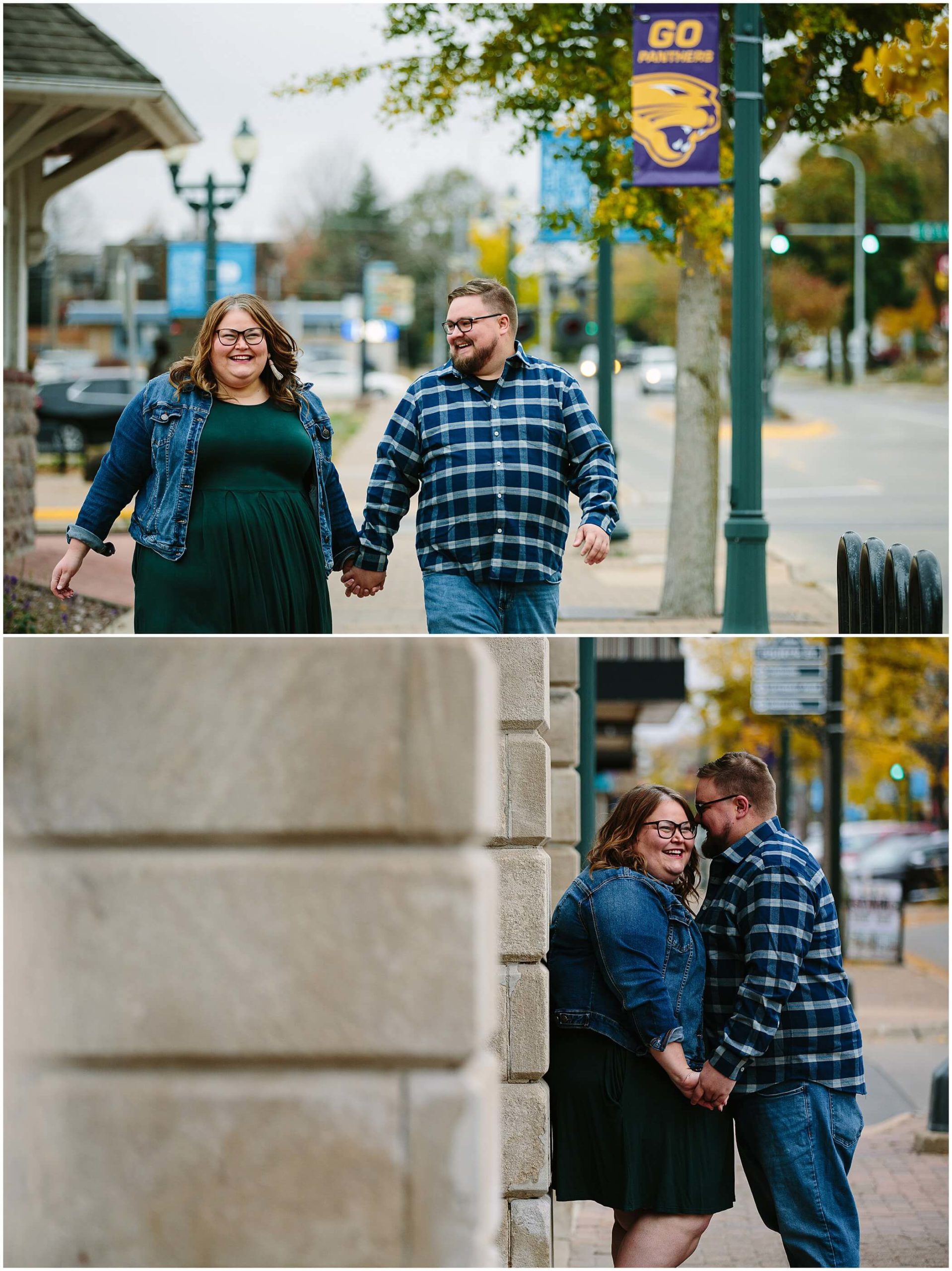 a couple walking and snuggling in downtown cedar falls