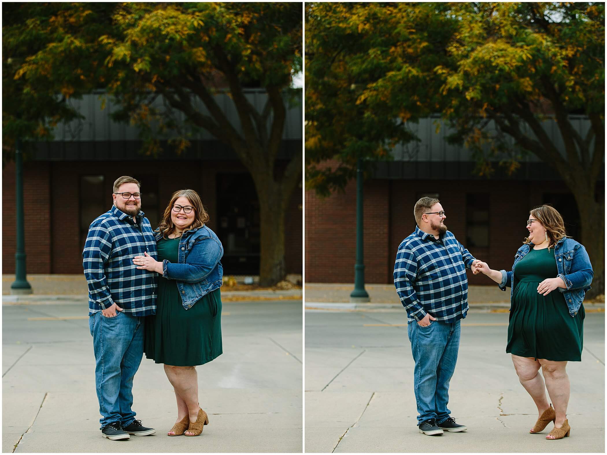 a couple poses in downtown cedar falls during their engagement session